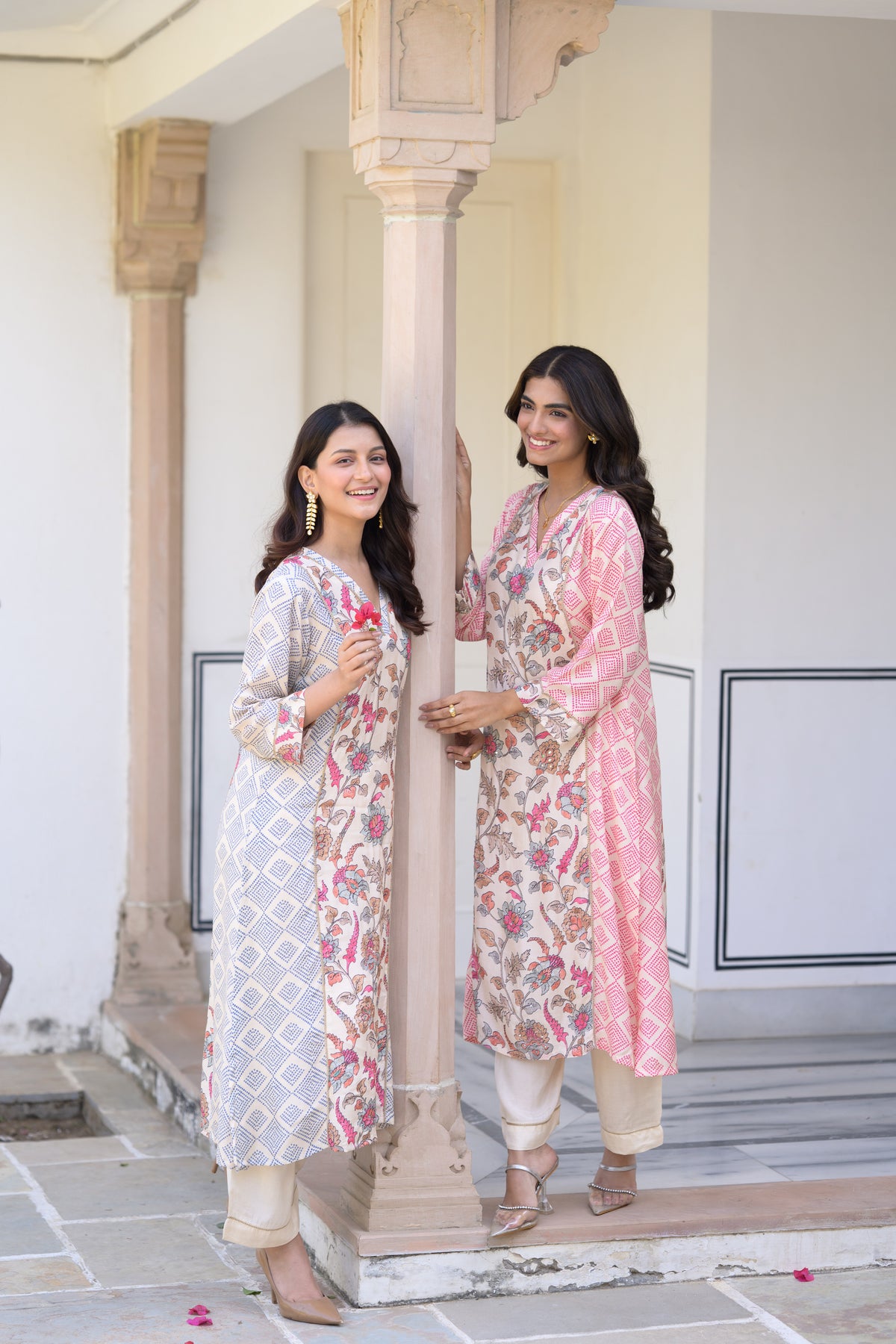 Pink Bandhini With Floral Jaal Print Muslin Kurta Set