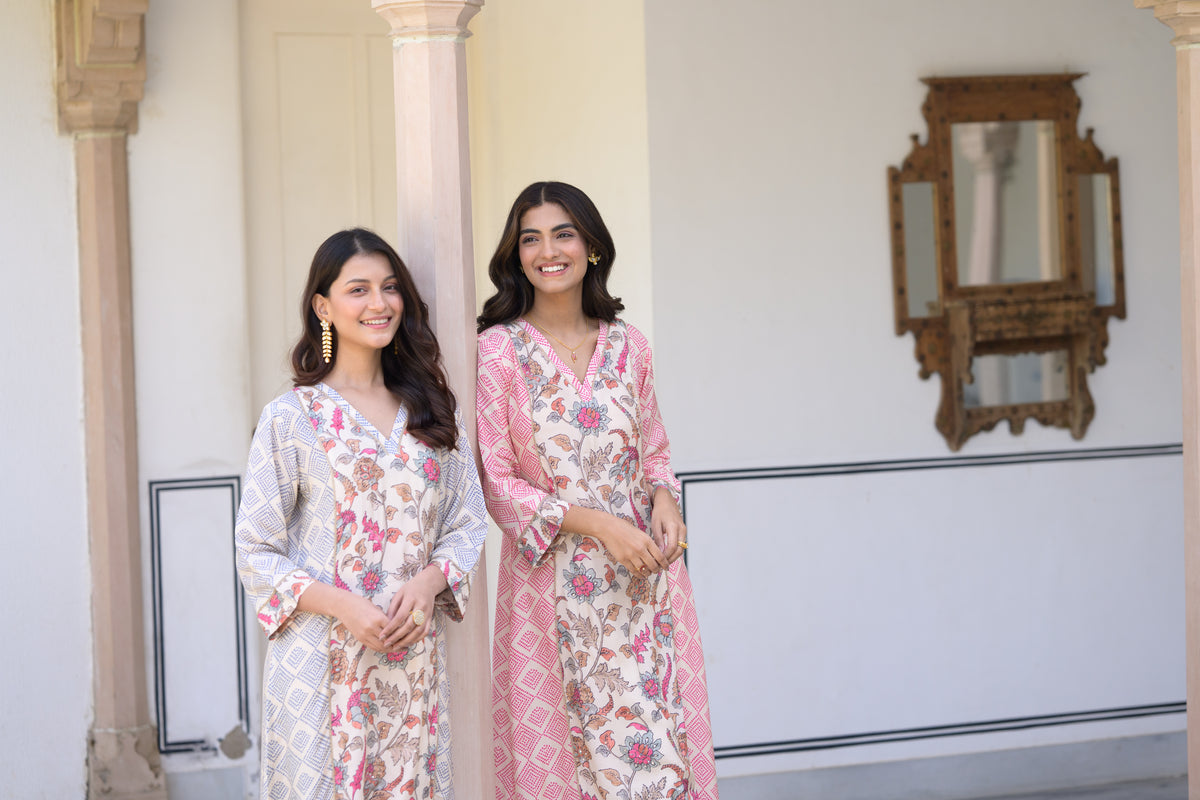 Pink Bandhini With Floral Jaal Print Muslin Kurta Set