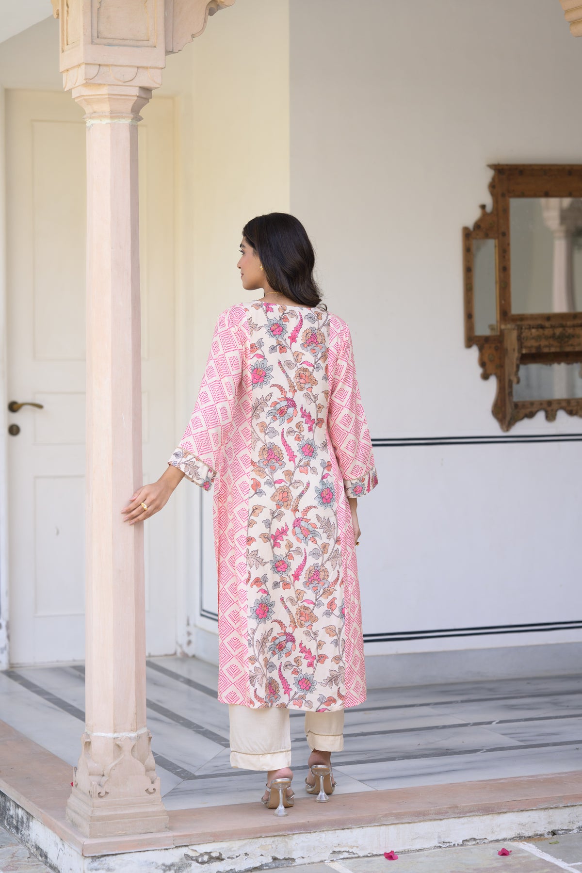 Pink Bandhini With Floral Jaal Print Muslin Kurta Set