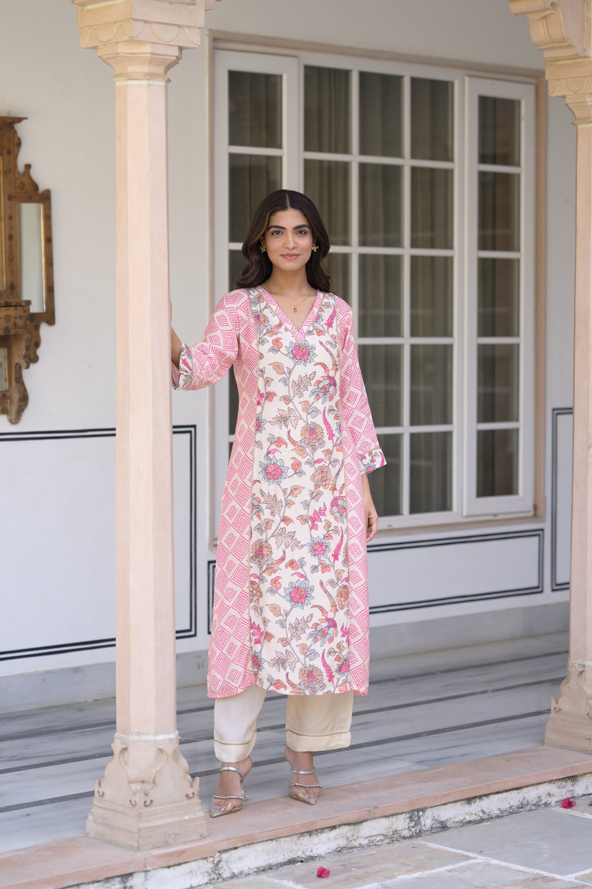 Pink Bandhini With Floral Jaal Print Muslin Kurta Set