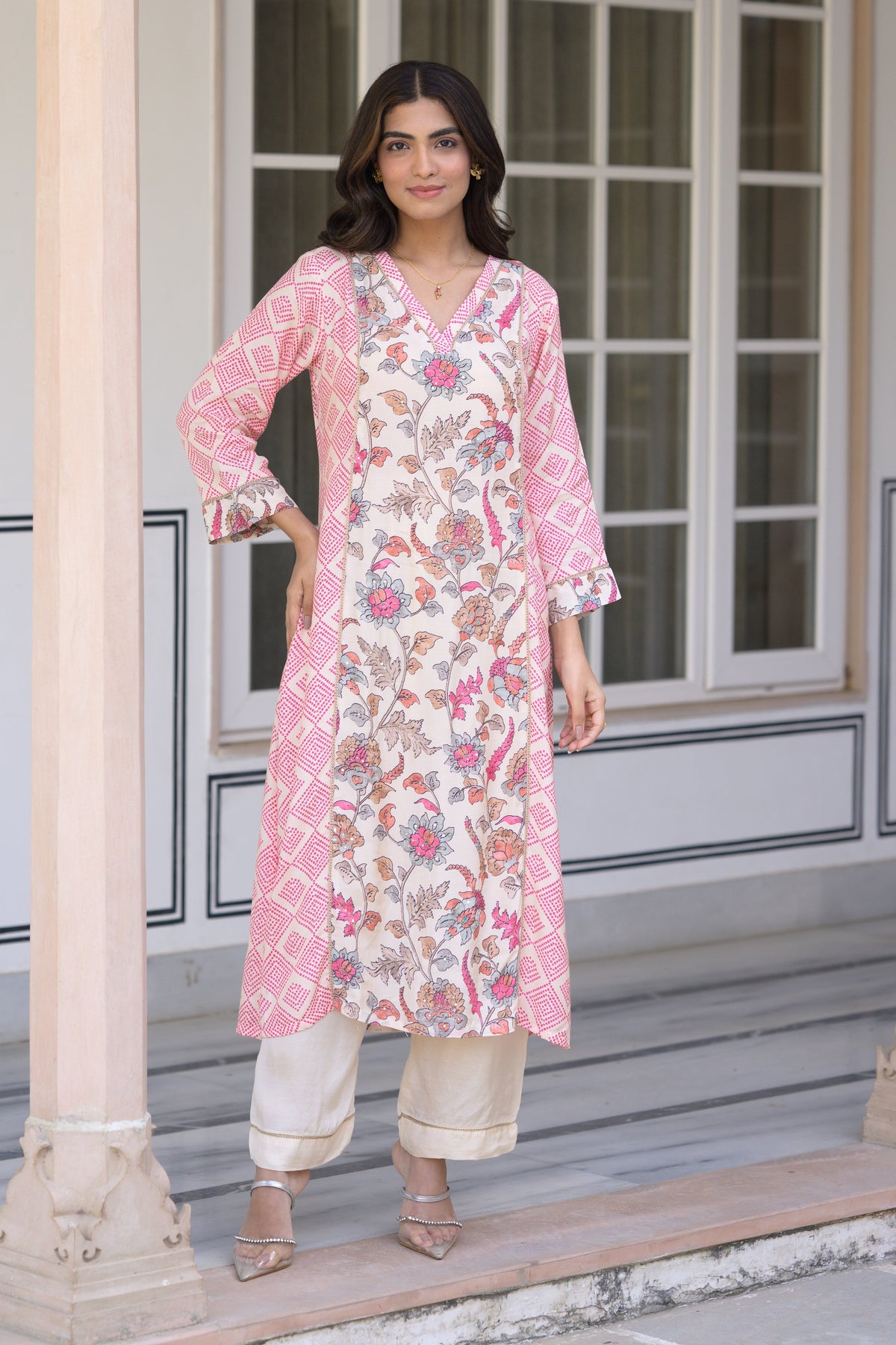 Pink Bandhini With Floral Jaal Print Muslin Kurta Set