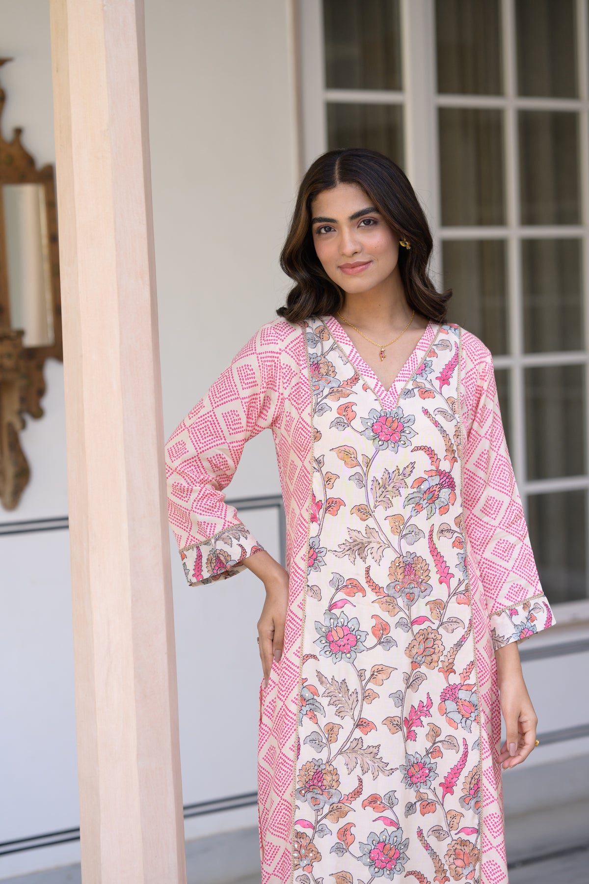 Pink Bandhini With Floral Jaal Print Muslin Kurta Set