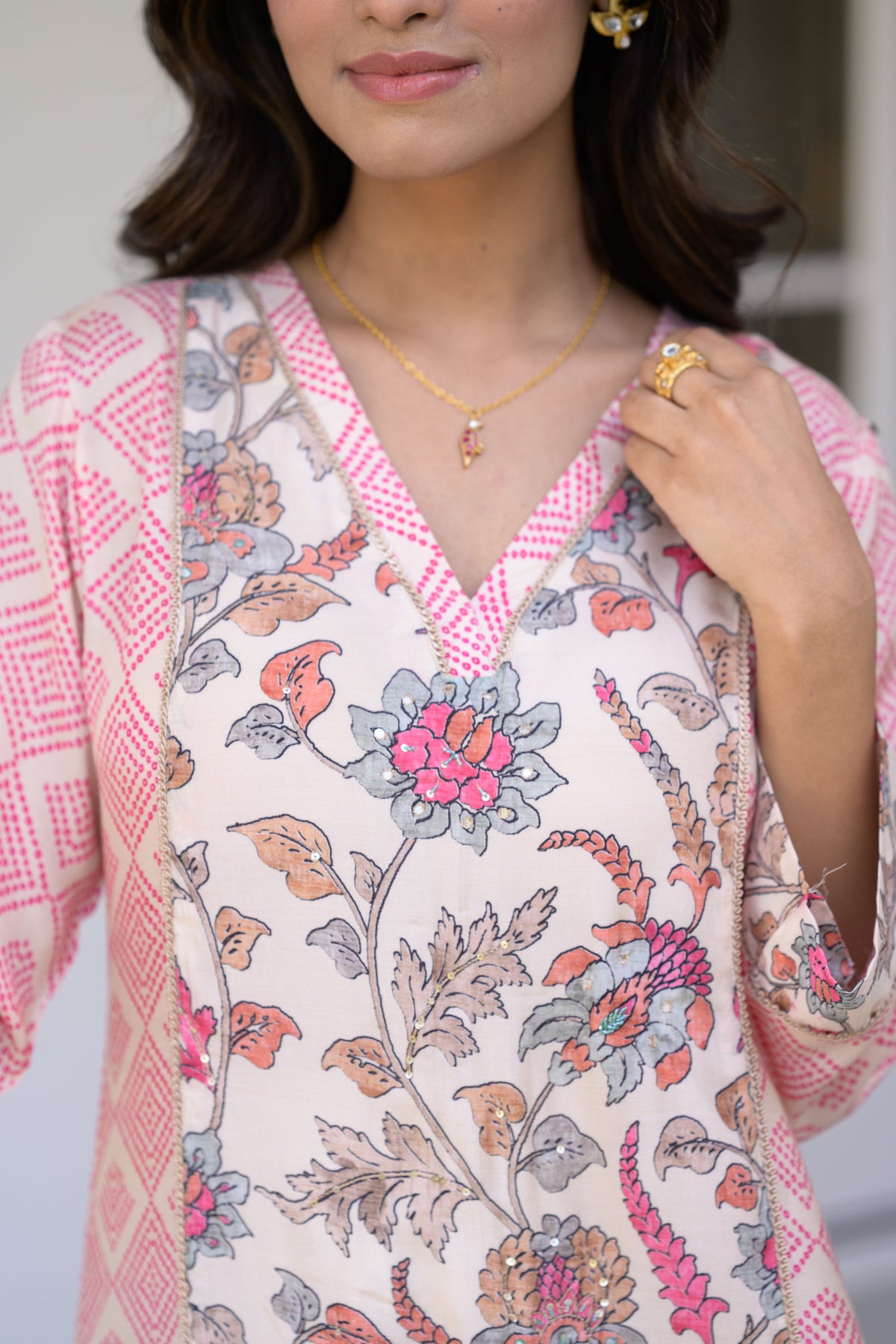 Pink Bandhini With Floral Jaal Print Muslin Kurta Set