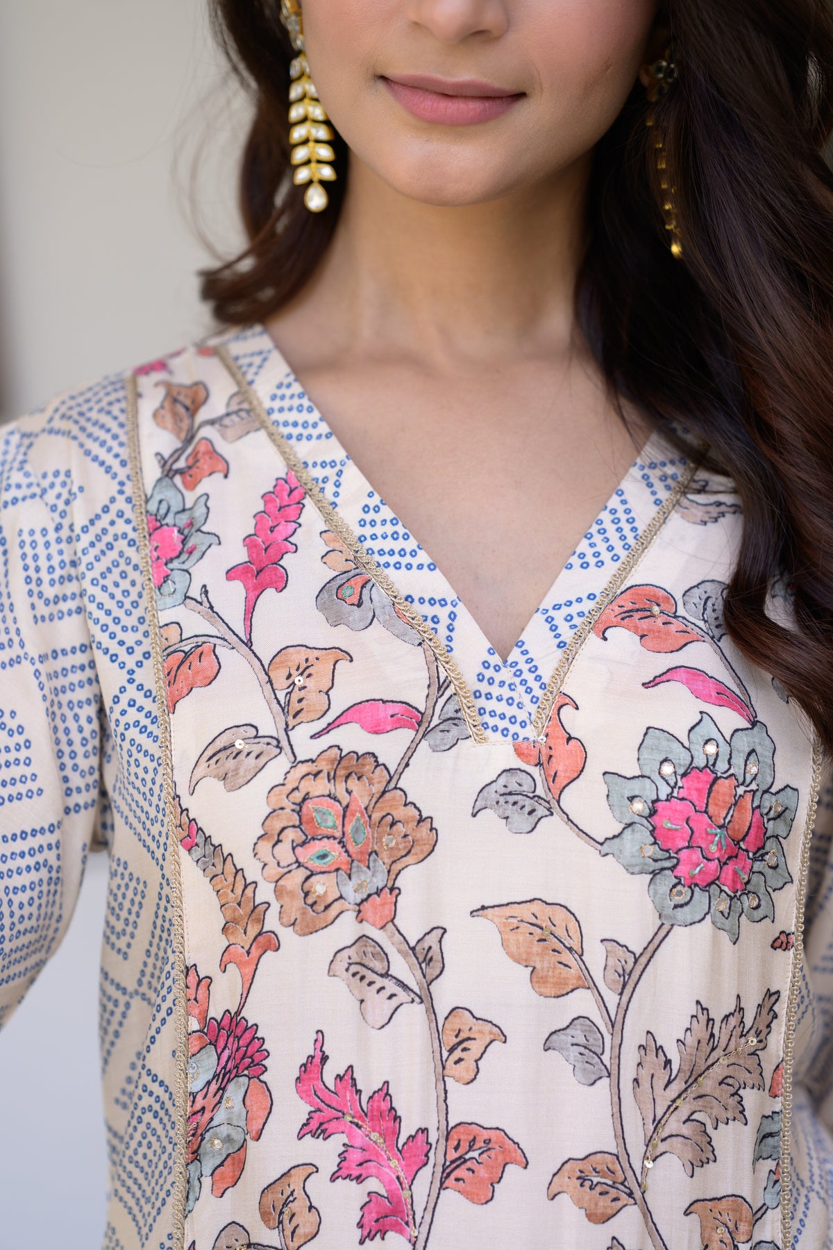 Blue Bandhini With Floral Jaal Print Muslin Kurta Set