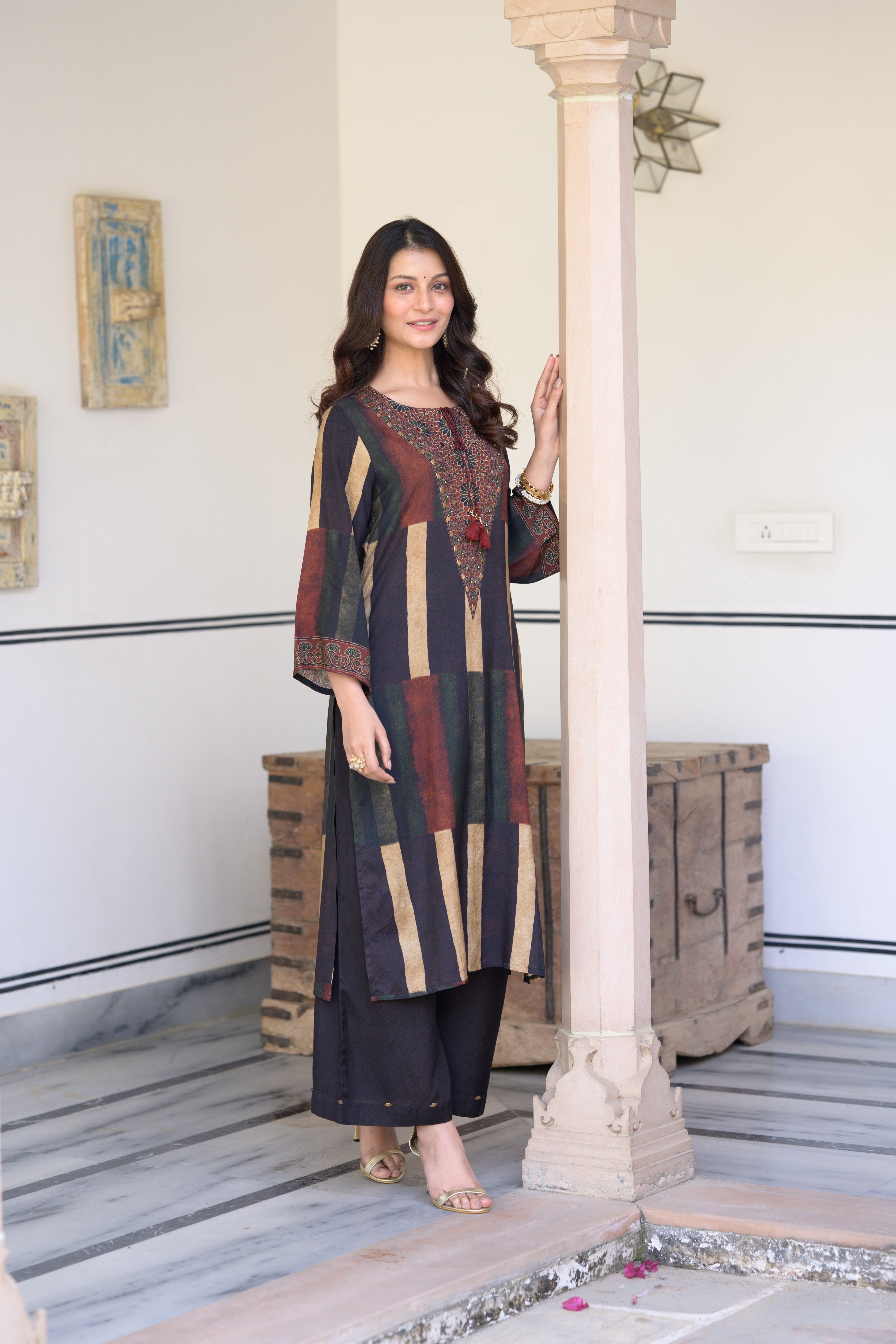 Rustic Brown Ajrakh Print Muslin Kurta Set