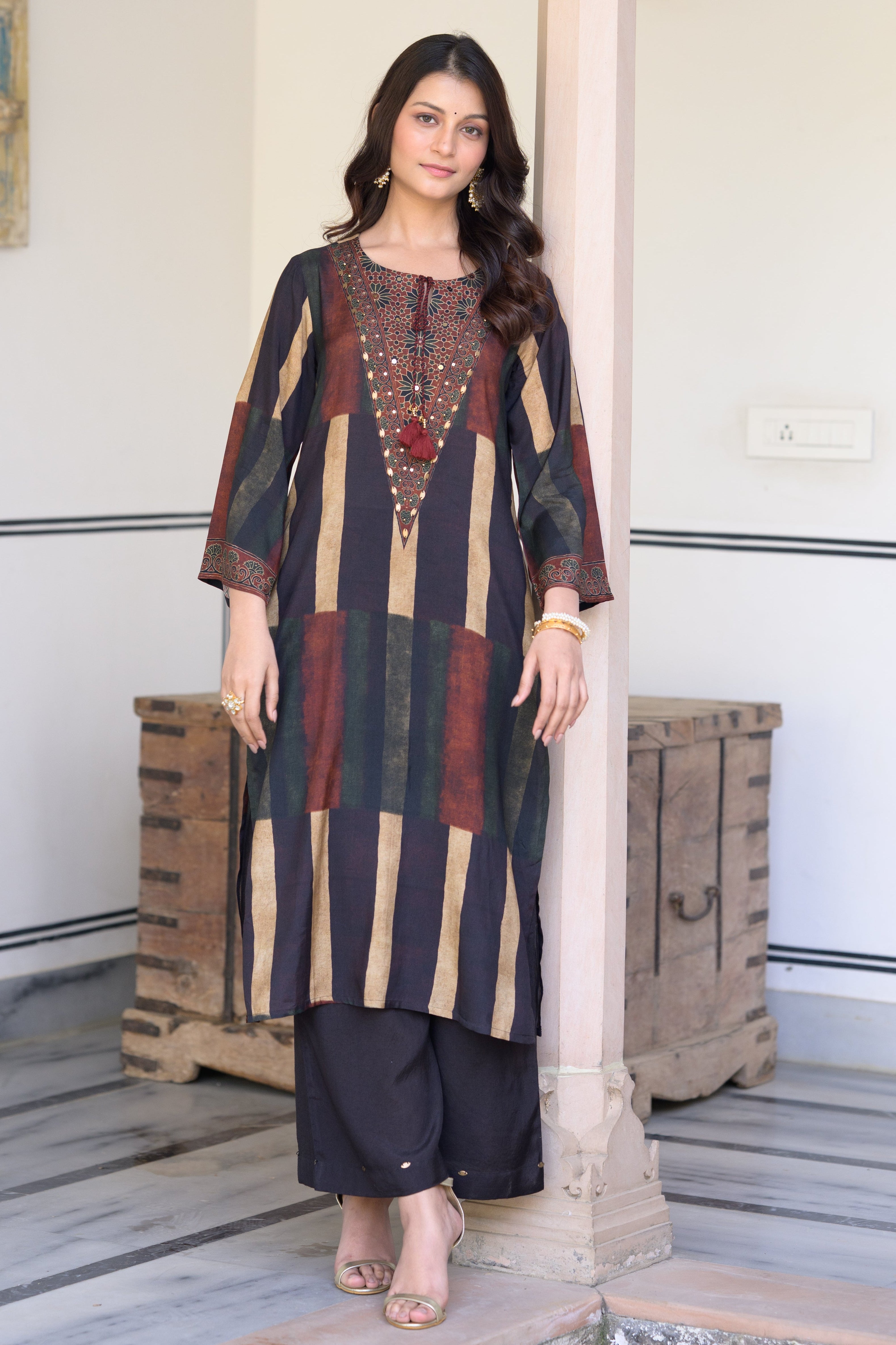 Rustic Brown Ajrakh Print Muslin Kurta Set