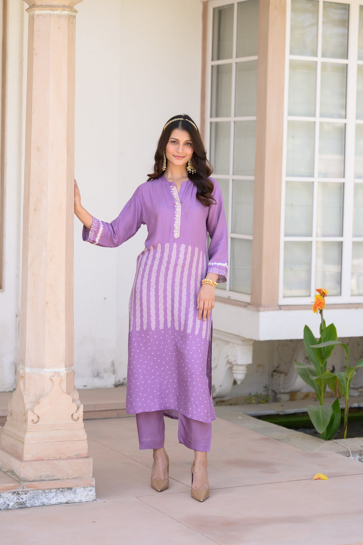 Lavender Bandhani Muslin Kurta Set