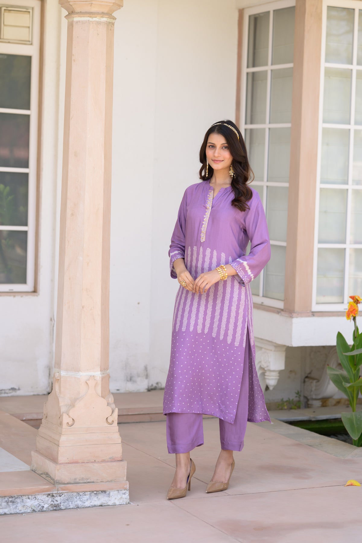 Lavender Bandhani Muslin Kurta Set