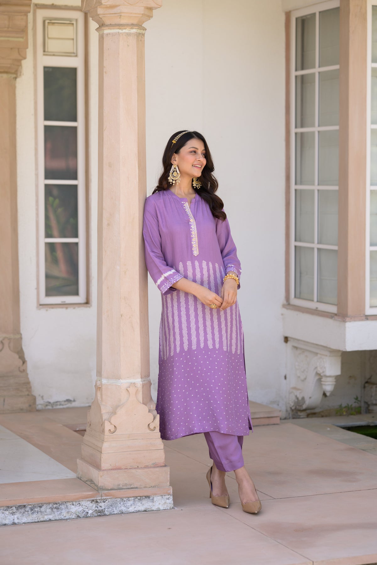 Lavender Bandhani Muslin Kurta Set