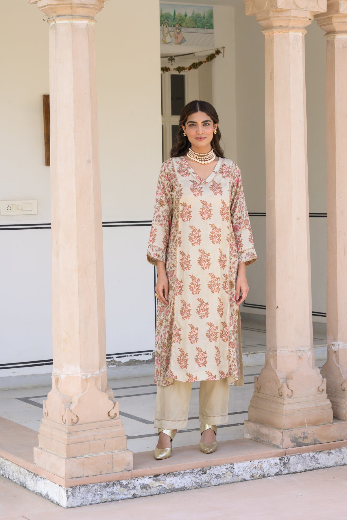 Beige With Pink Buti and Jaal Muslin Kurta Set