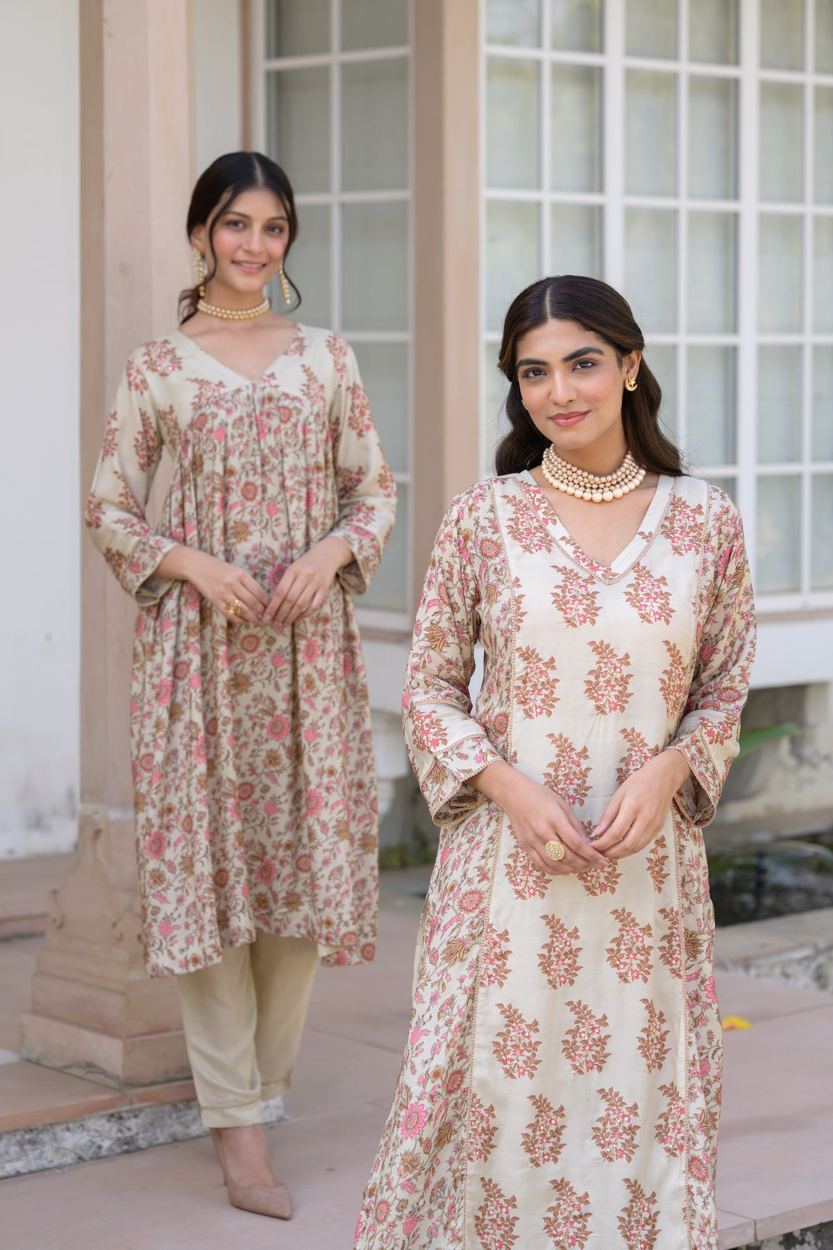 Beige With Pink Buti and Jaal Nyra cut Muslin Kurta Set