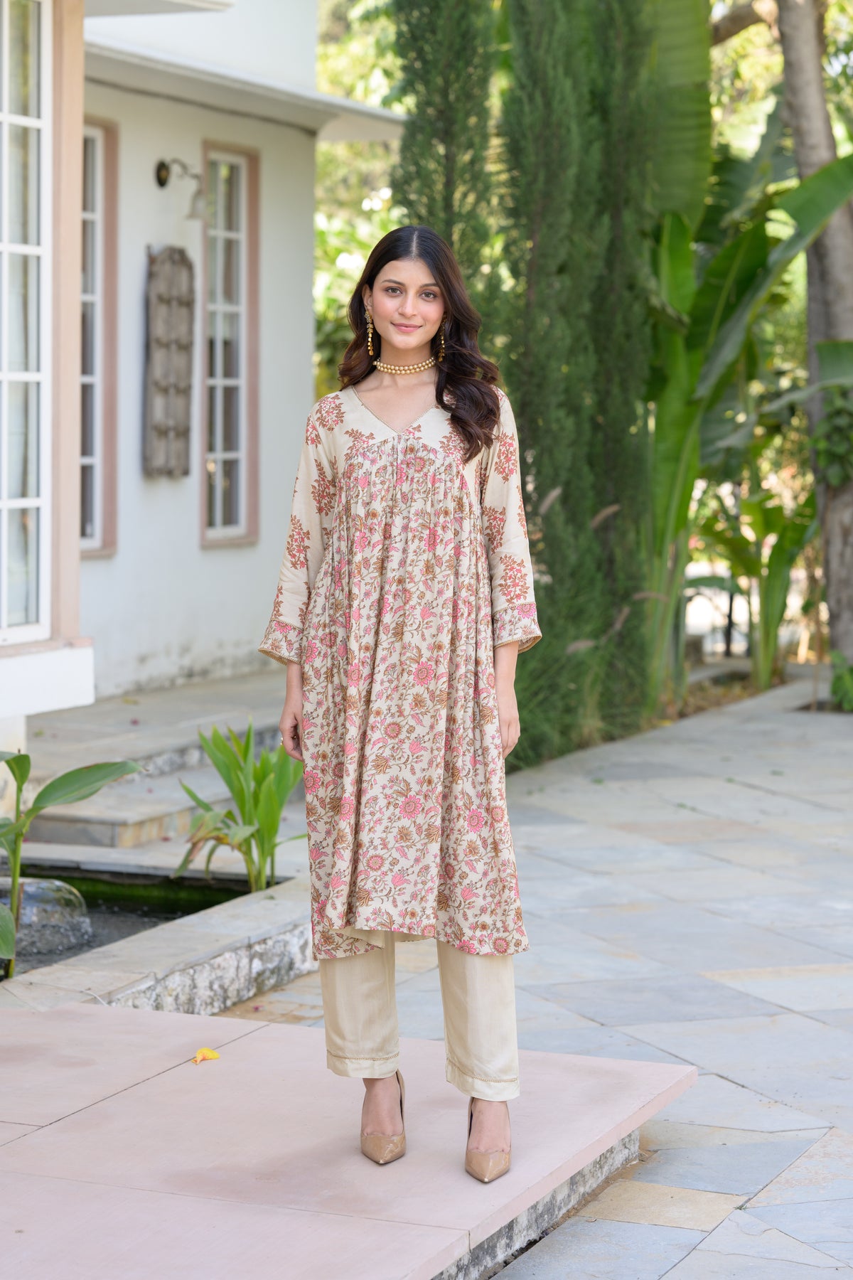 Beige With Pink Buti and Jaal Nyra cut Muslin Kurta Set
