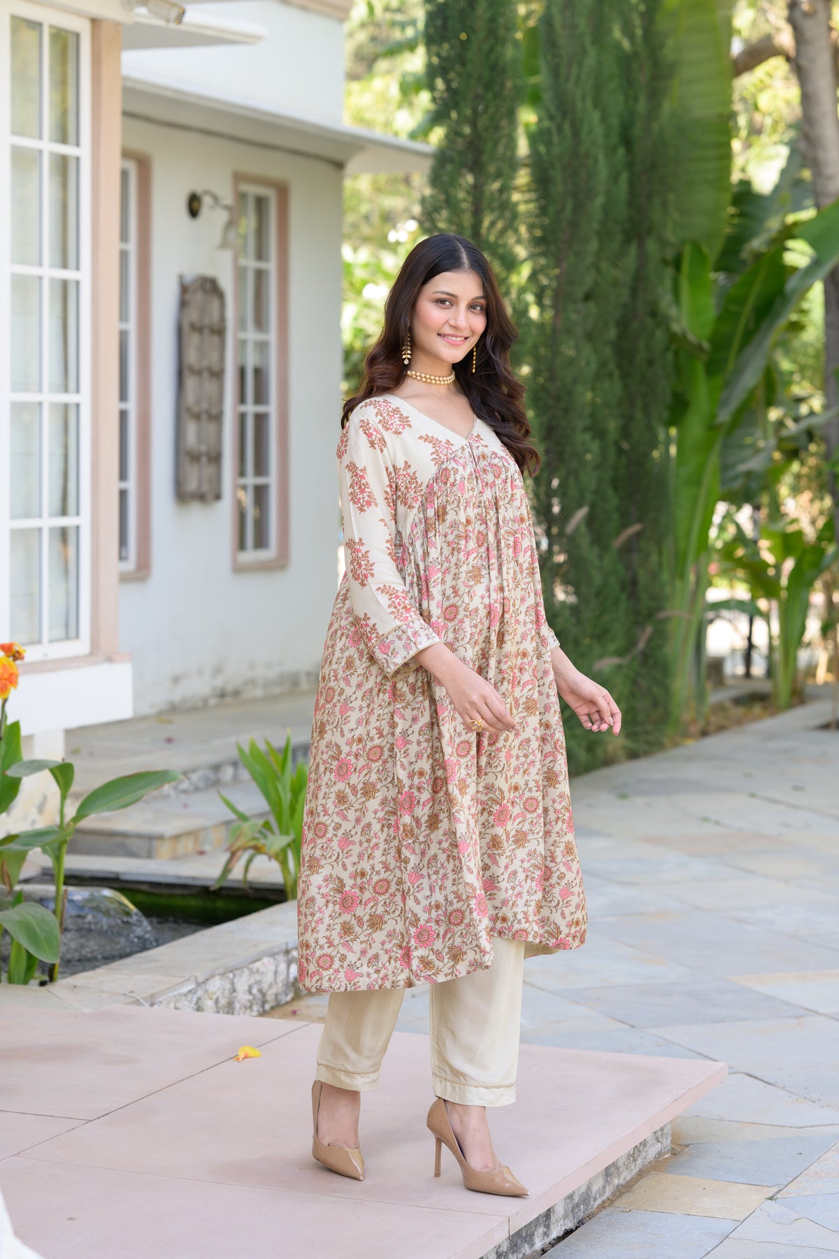 Beige With Pink Buti and Jaal Nyra cut Muslin Kurta Set