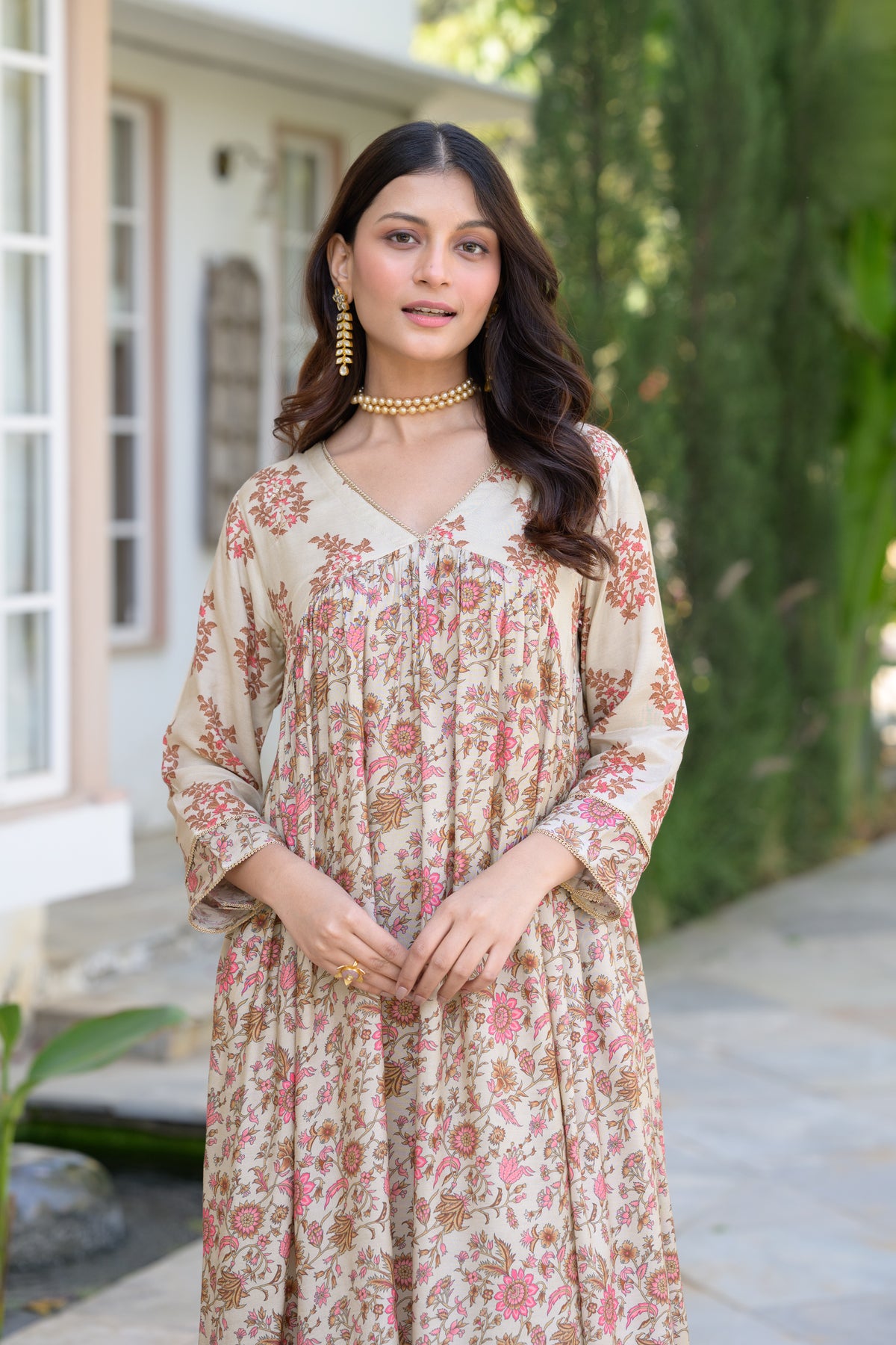 Beige With Pink Buti and Jaal Nyra cut Muslin Kurta Set