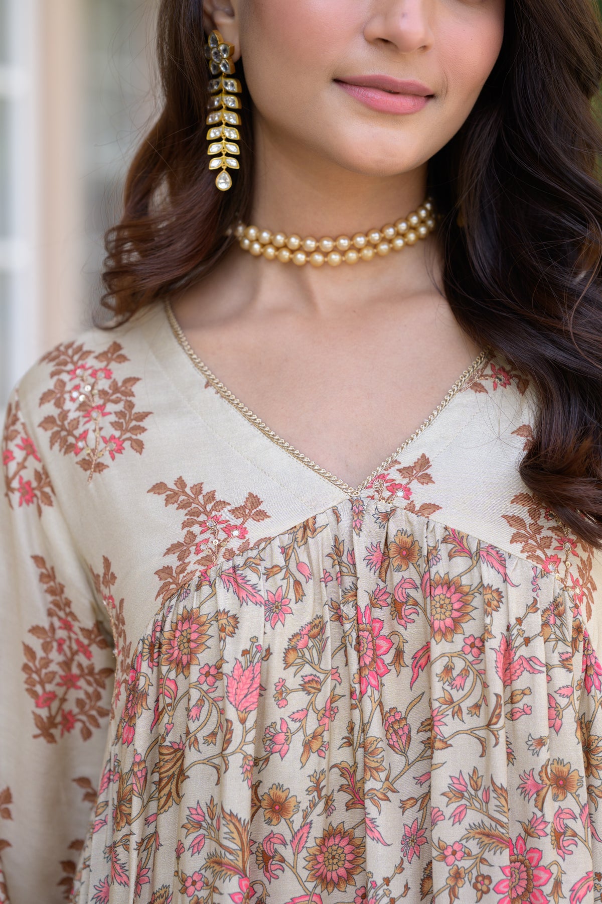 Beige With Pink Buti and Jaal Nyra cut Muslin Kurta Set