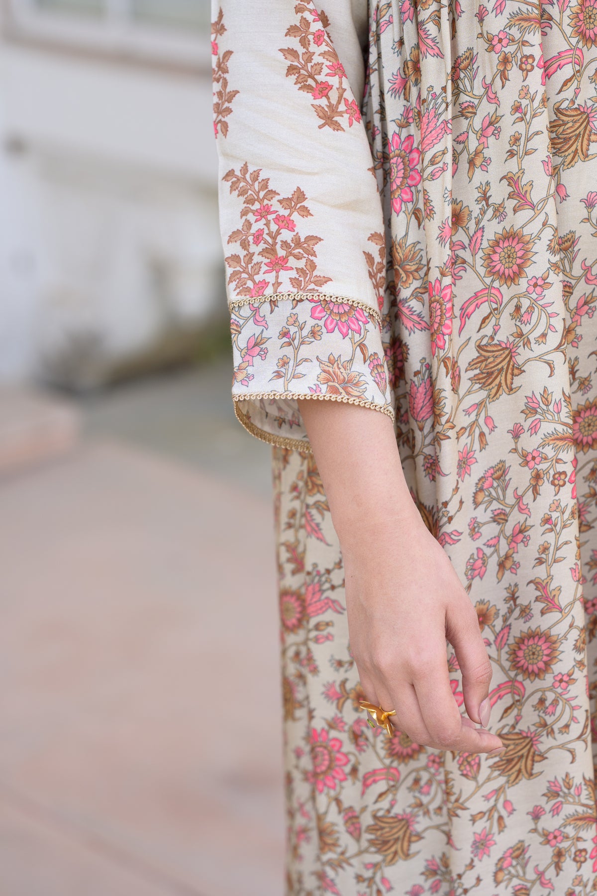 Beige With Pink Buti and Jaal Nyra cut Muslin Kurta Set