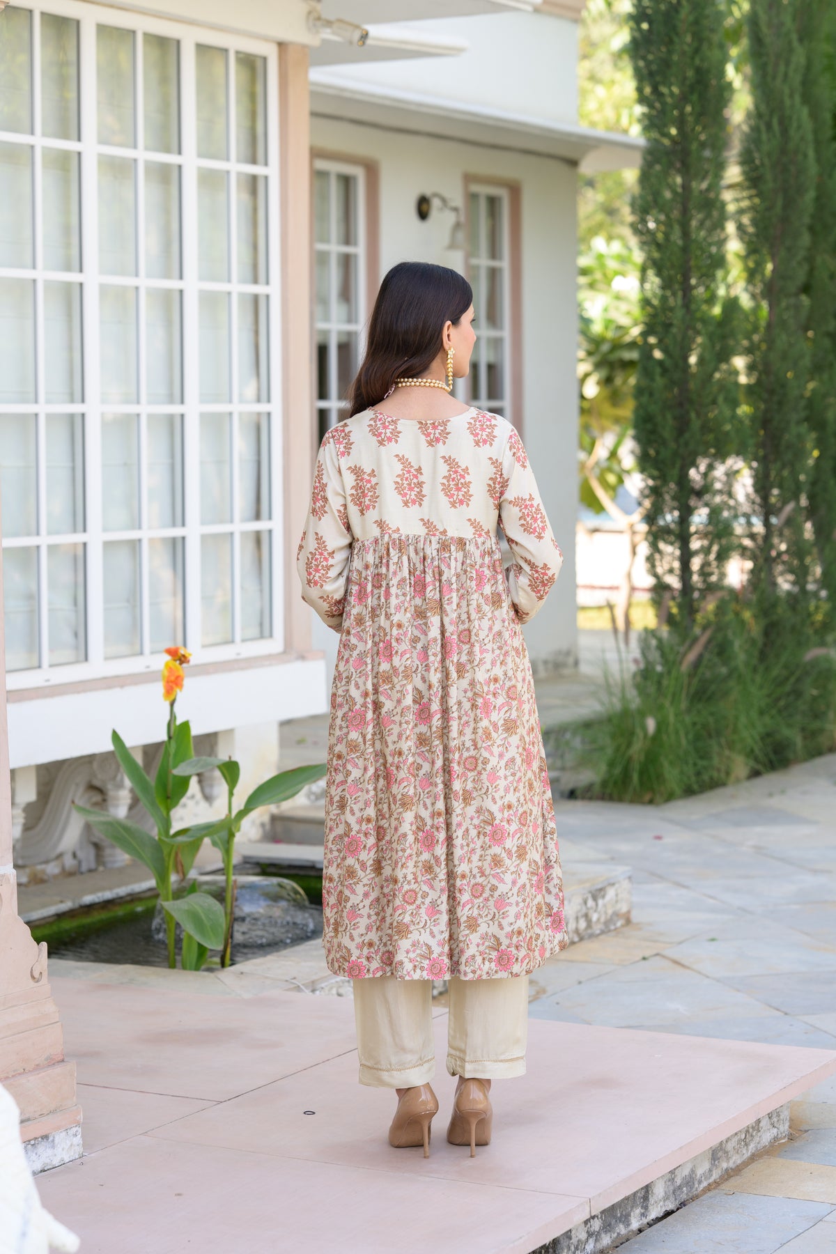 Beige With Pink Buti and Jaal Nyra cut Muslin Kurta Set