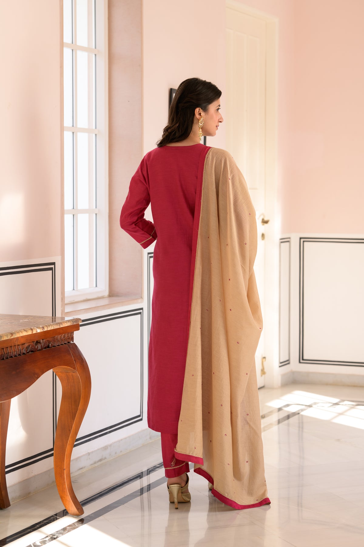 Ruby Pink Marodi Work Mul Chanderi Suit Set