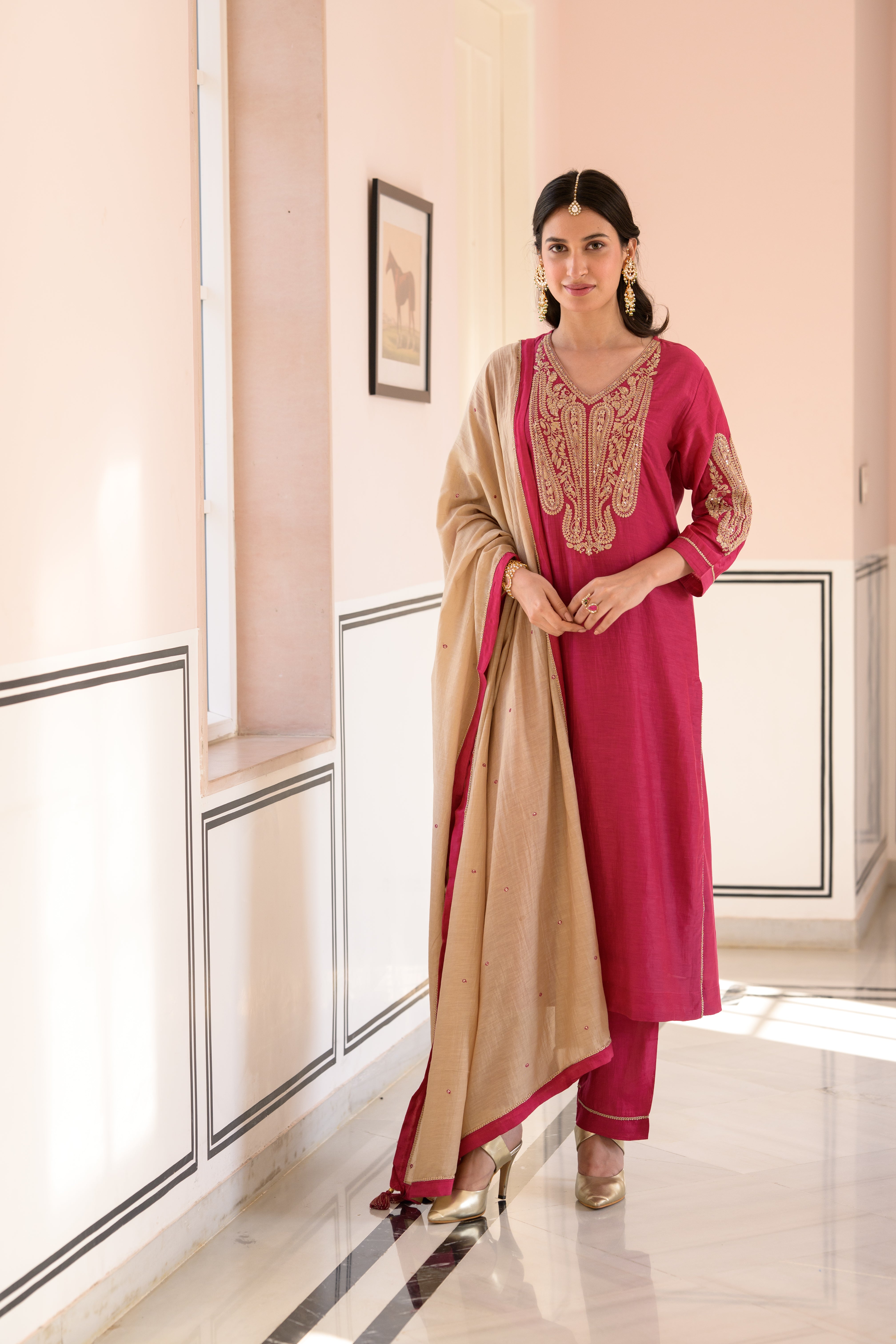 Ruby Pink Marodi Work Mul Chanderi Suit Set