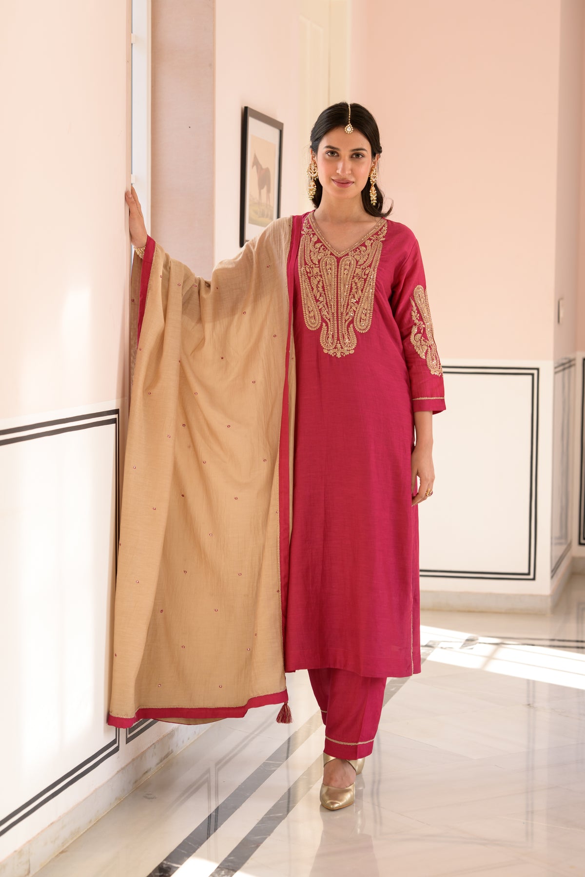 Ruby Pink Marodi Work Mul Chanderi Suit Set