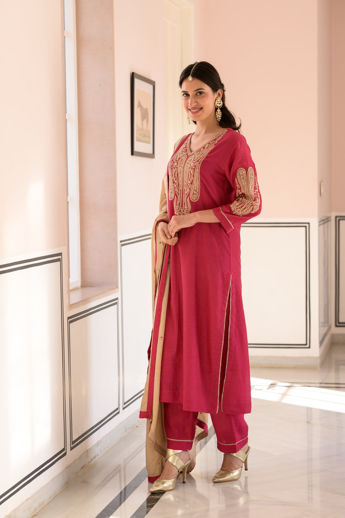Ruby Pink Marodi Work Mul Chanderi Suit Set