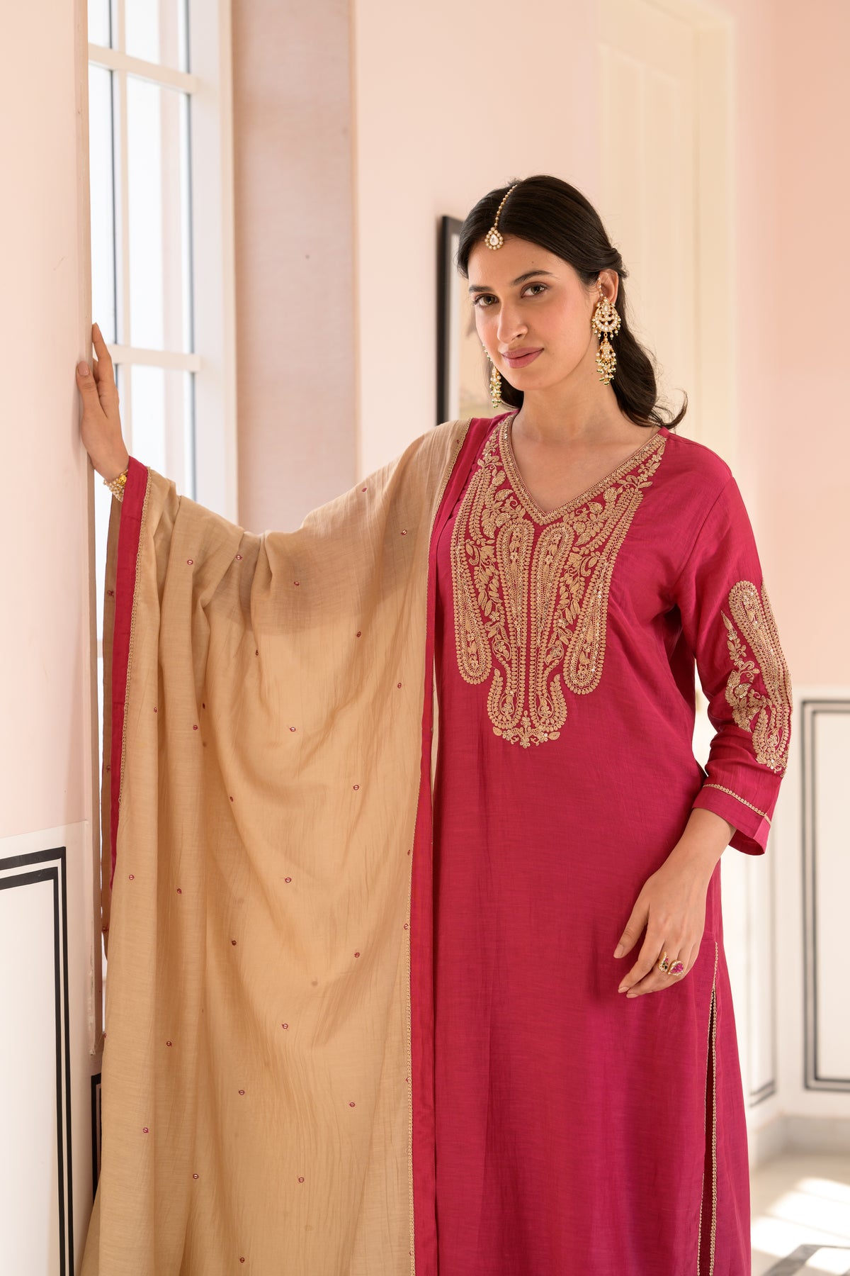 Ruby Pink Marodi Work Mul Chanderi Suit Set