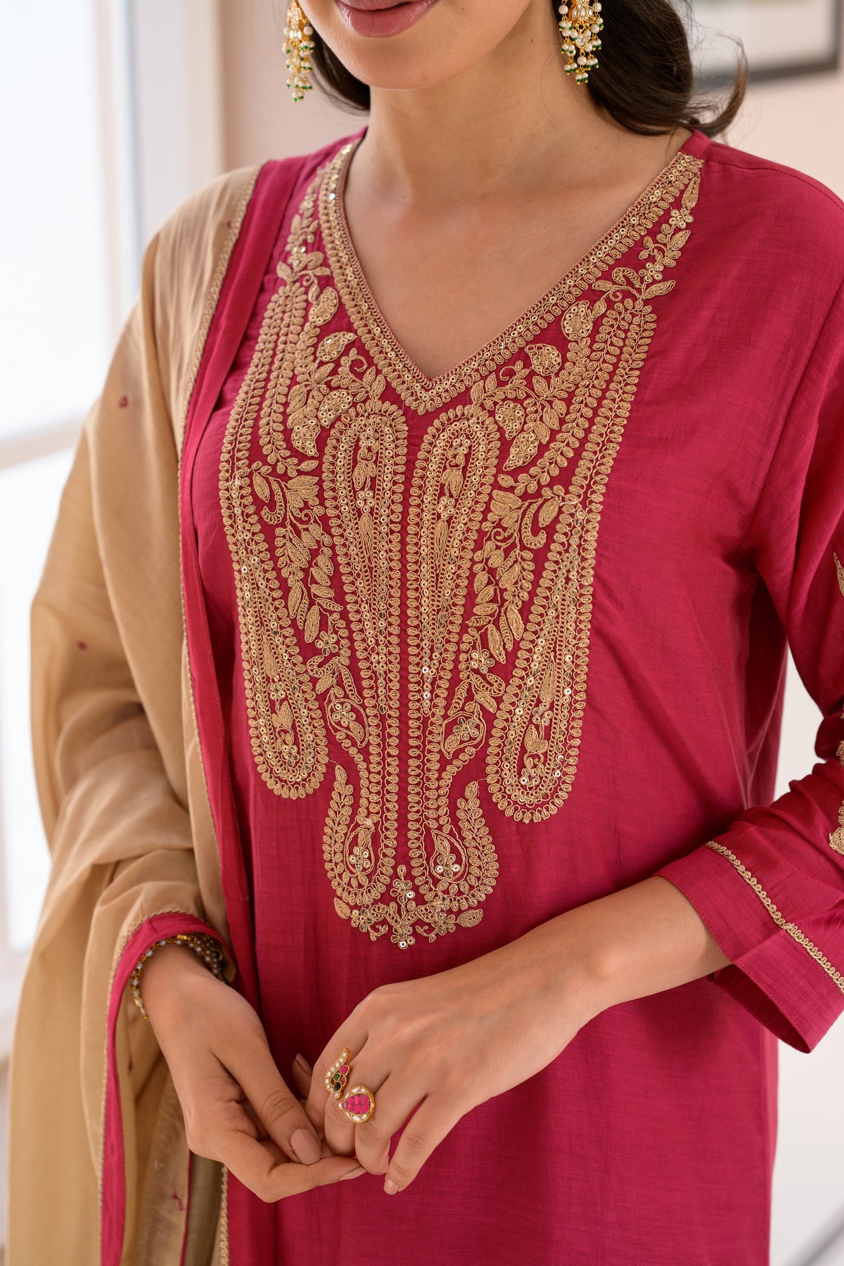 Ruby Pink Marodi Work Mul Chanderi Suit Set