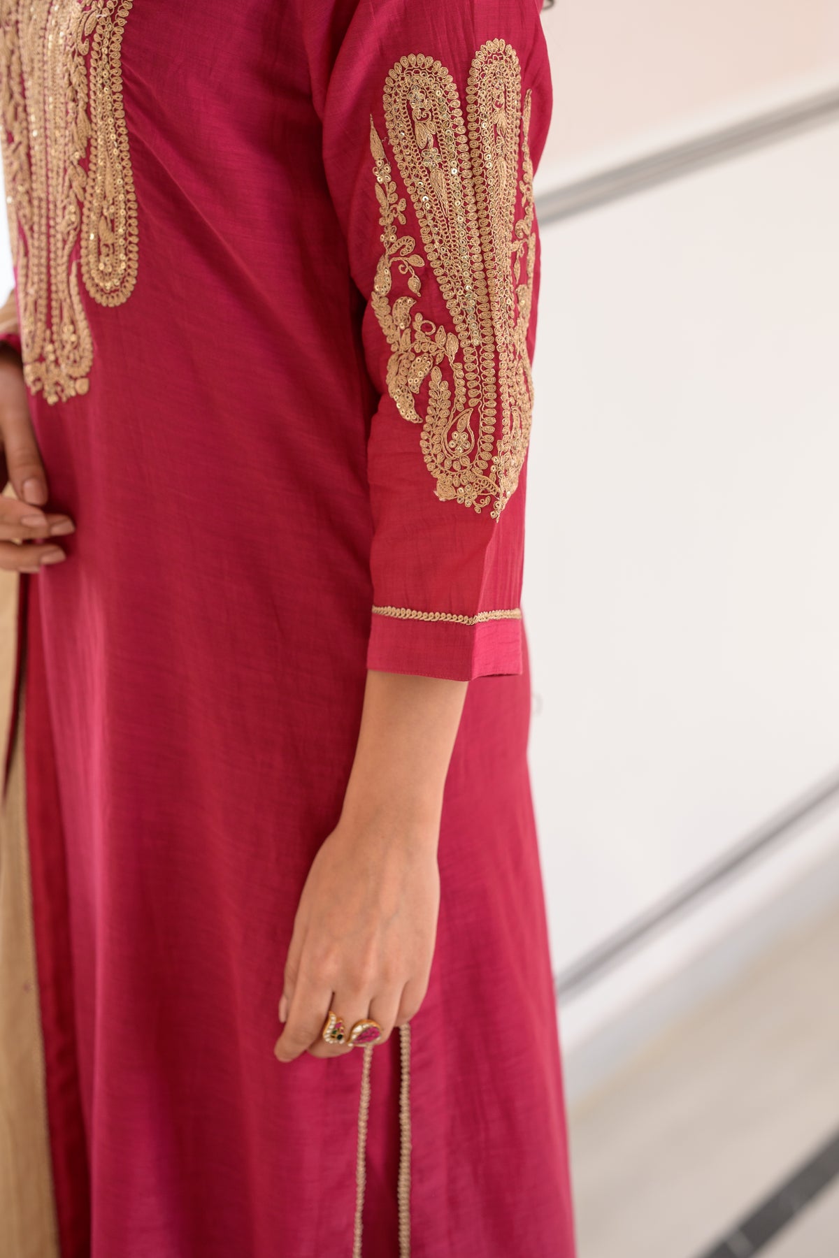 Ruby Pink Marodi Work Mul Chanderi Suit Set