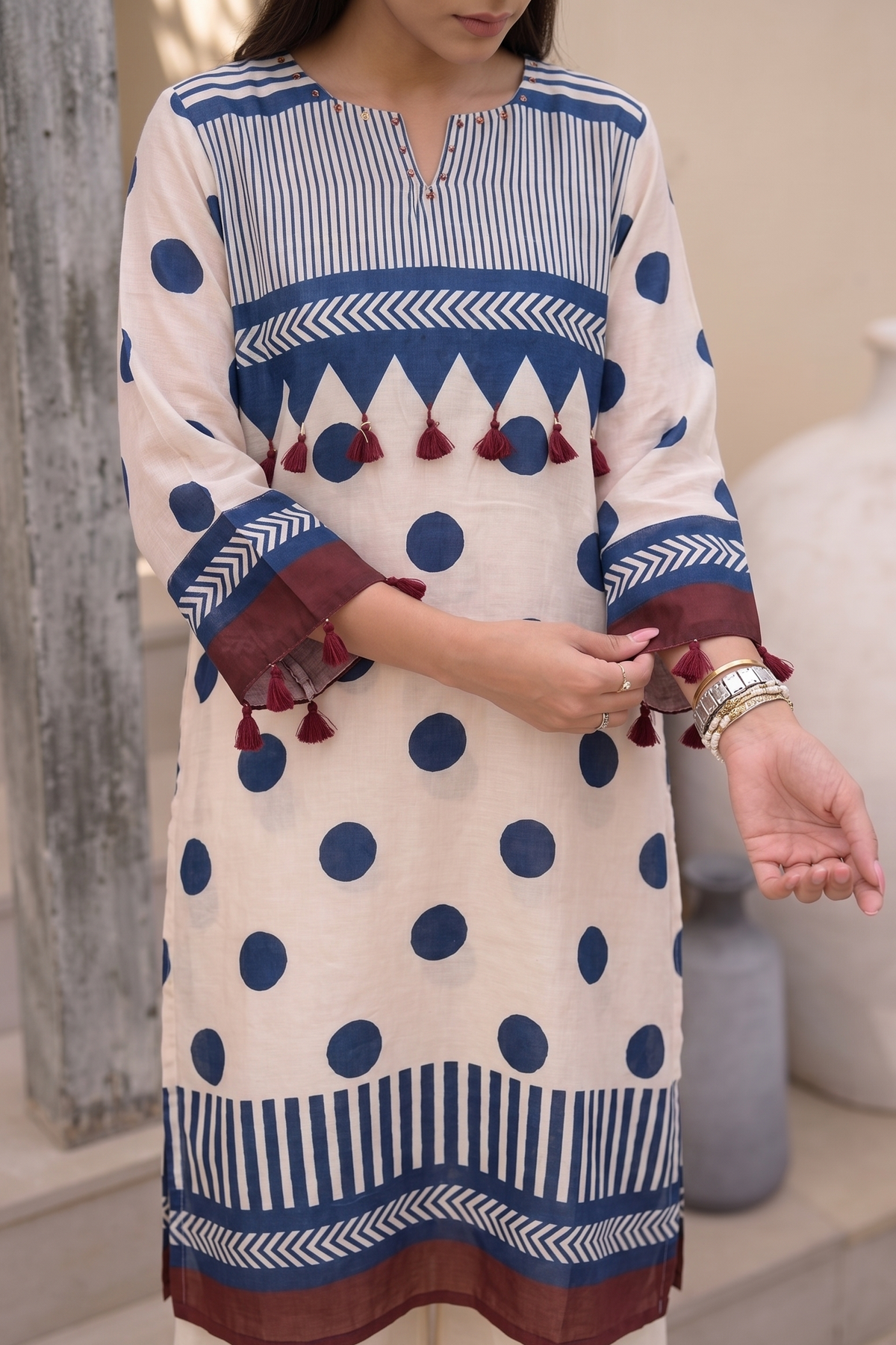 Beige and Indigo Polka Muslin Tassel Kurta Set