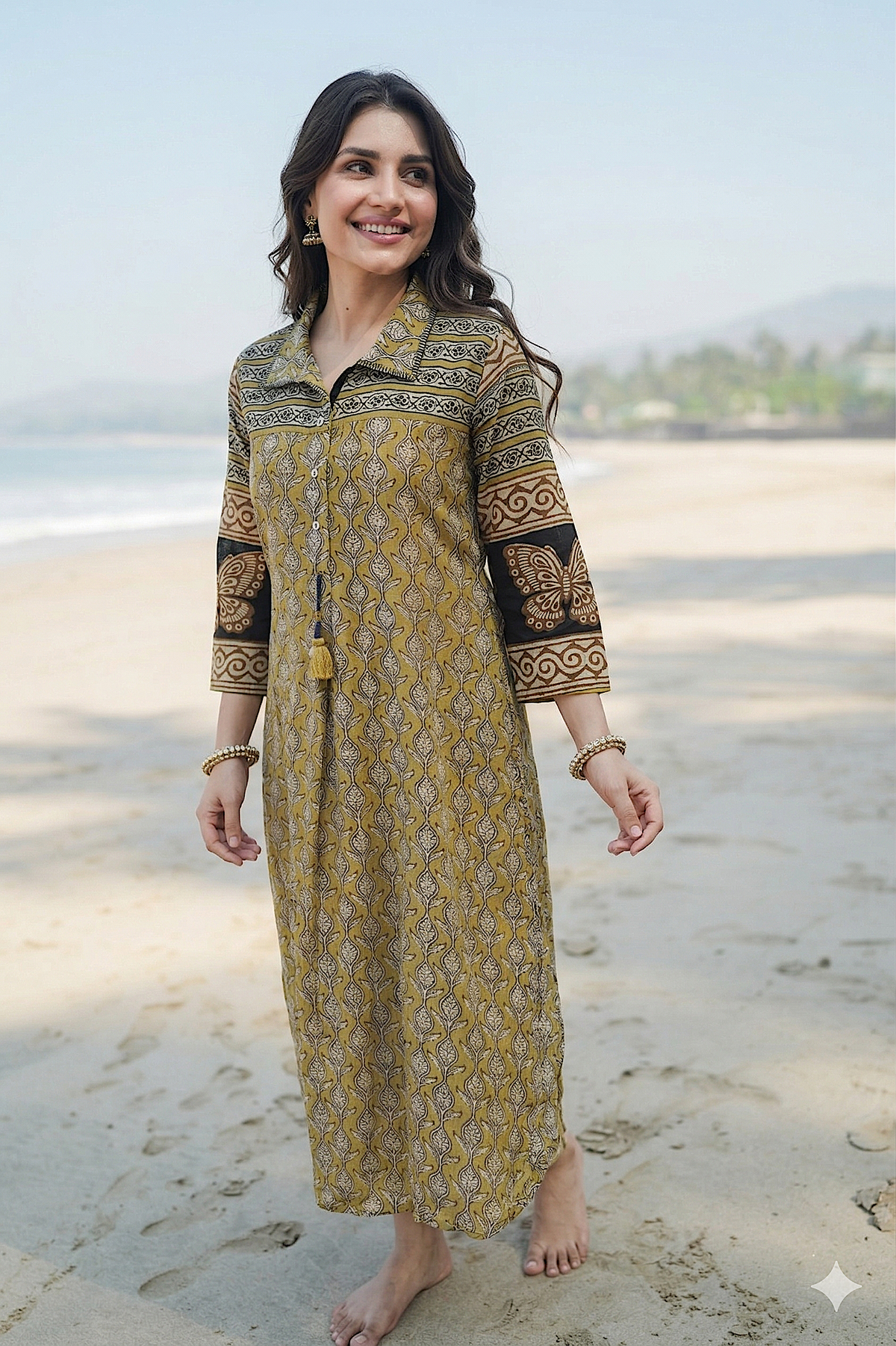 Yellow and Dark Blue Vayu Mul Chanderi Block Print Kurta Set