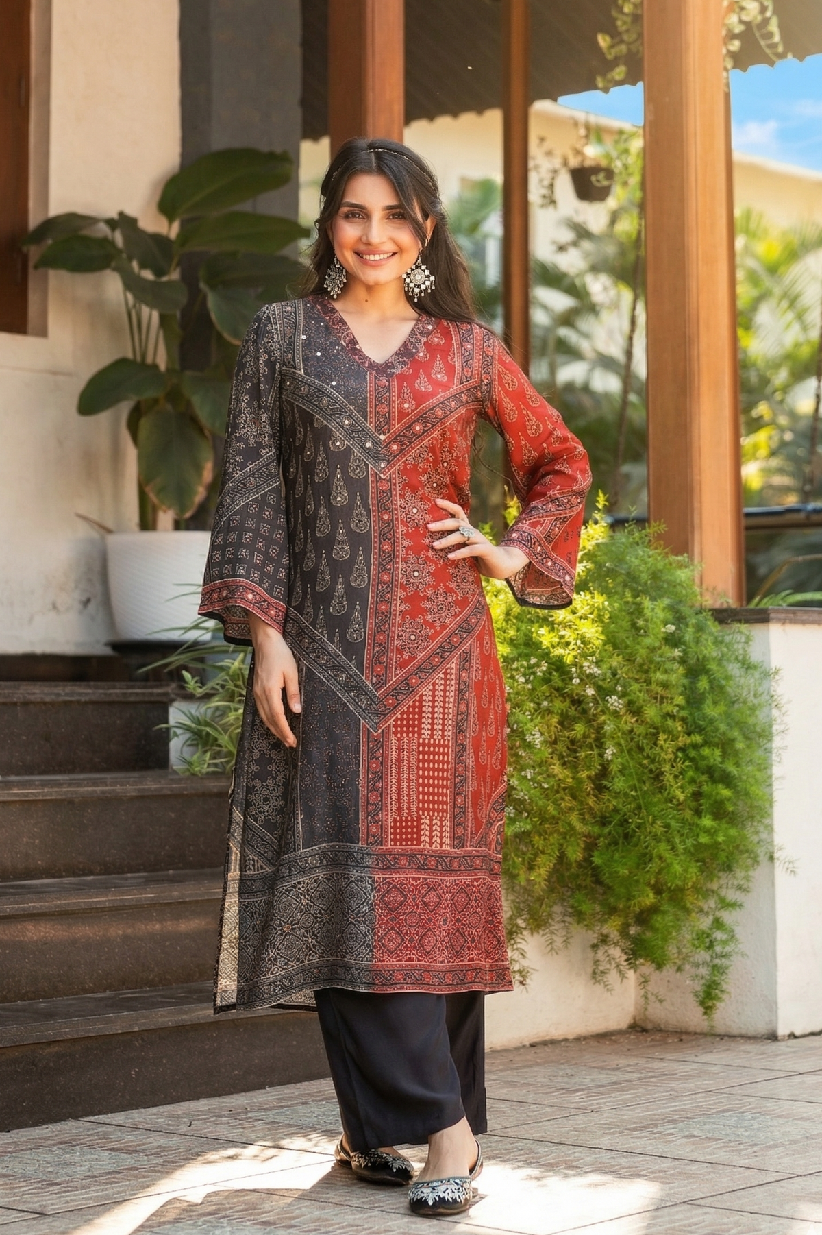Rustic Red with Grey Panel Block Printing with Gota Spread Work Muslin Kurta Set