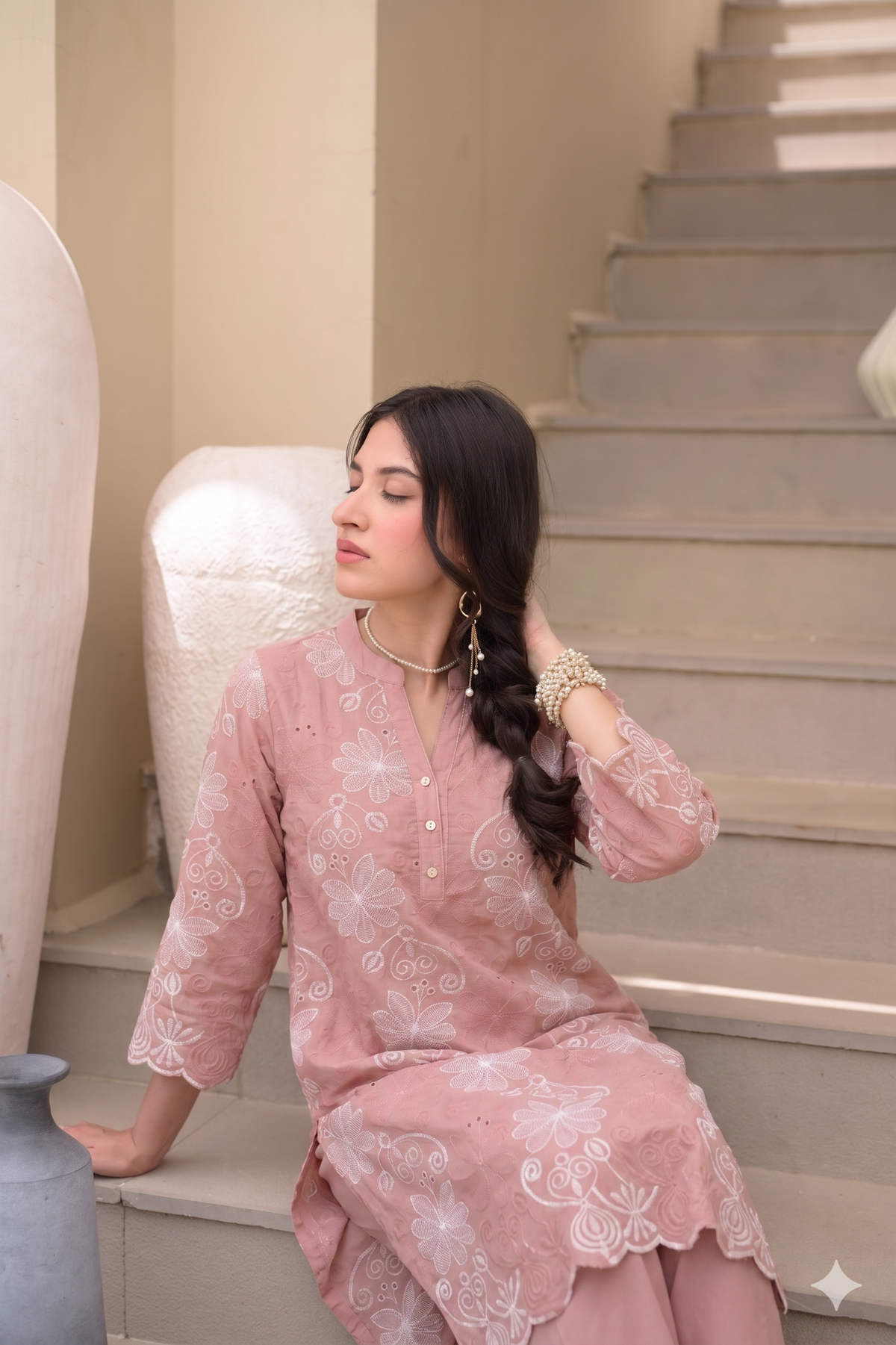 Peach Floral Chiffli Pure Cotton Kurta Set with Scallope Border