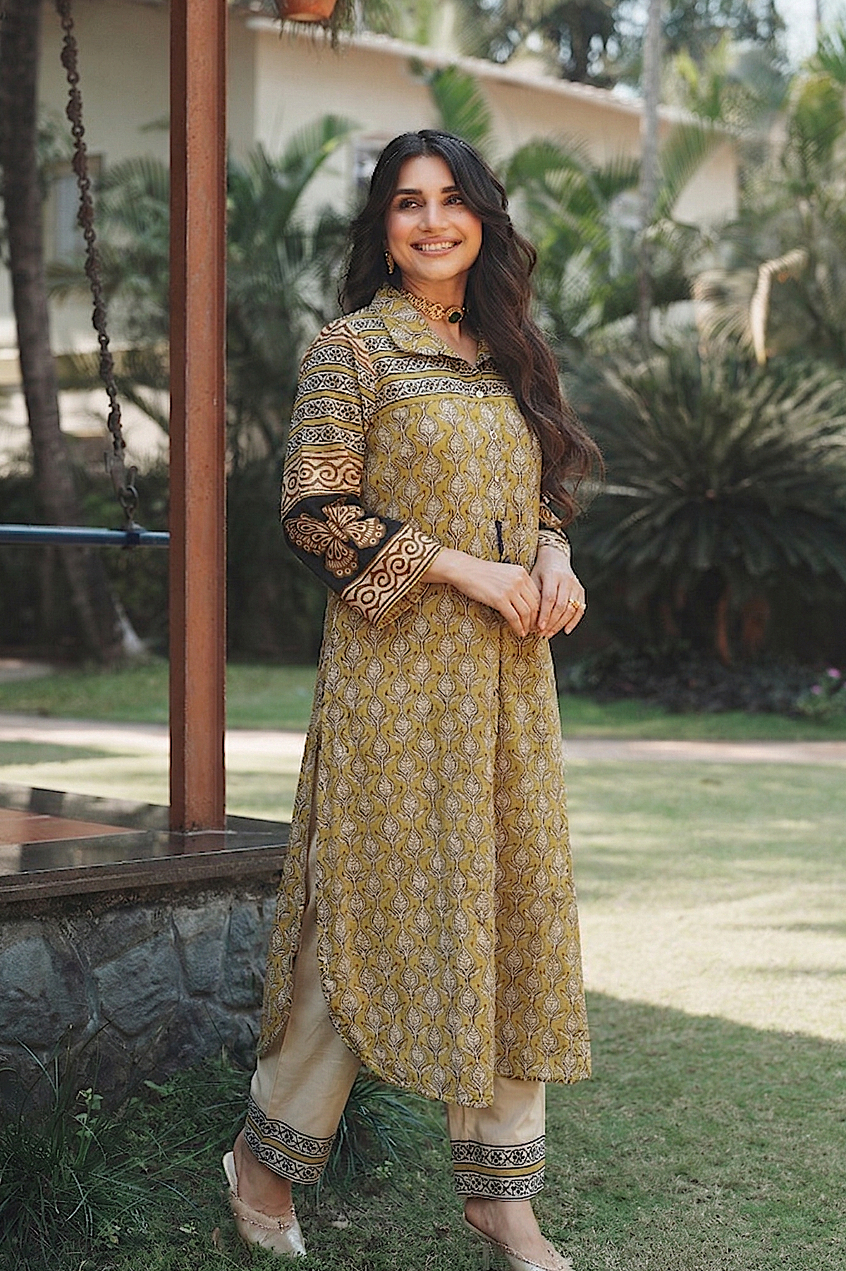 Yellow and Dark Blue Vayu Mul Chanderi Block Print Kurta Set