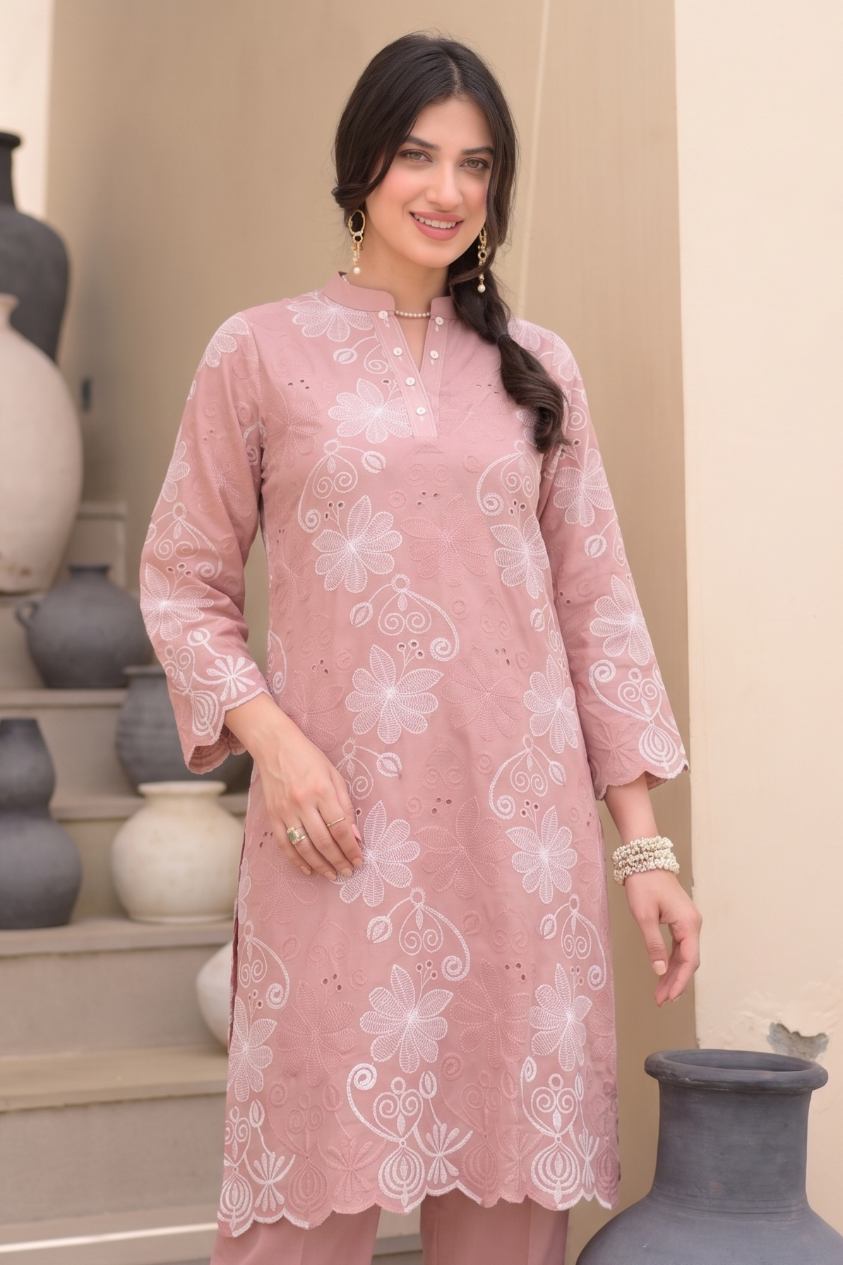 Peach Floral Chiffli Pure Cotton Kurta Set with Scallope Border