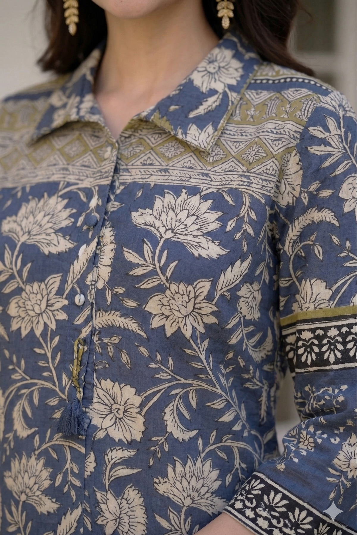 Blue and Yellow Basant Mul Chanderi Block Print Kurta Set