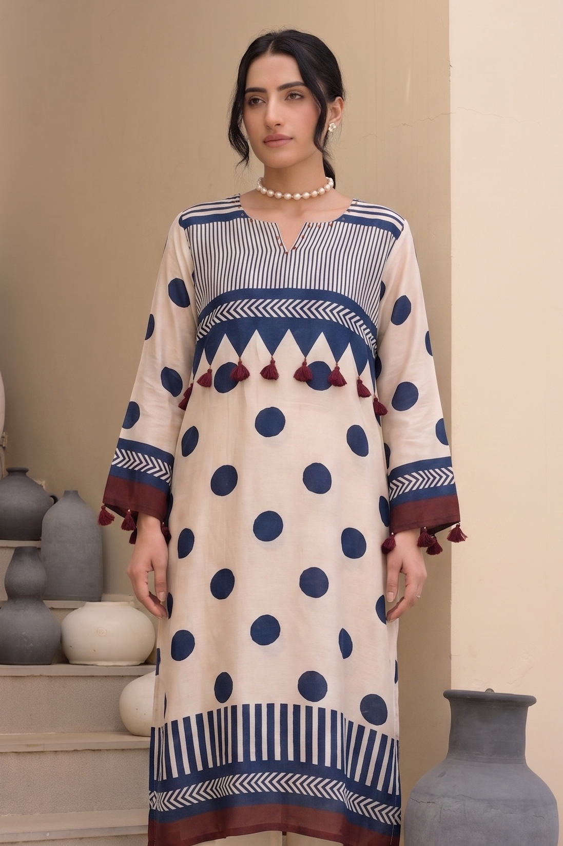 Beige and Indigo Polka Muslin Tassel Kurta Set