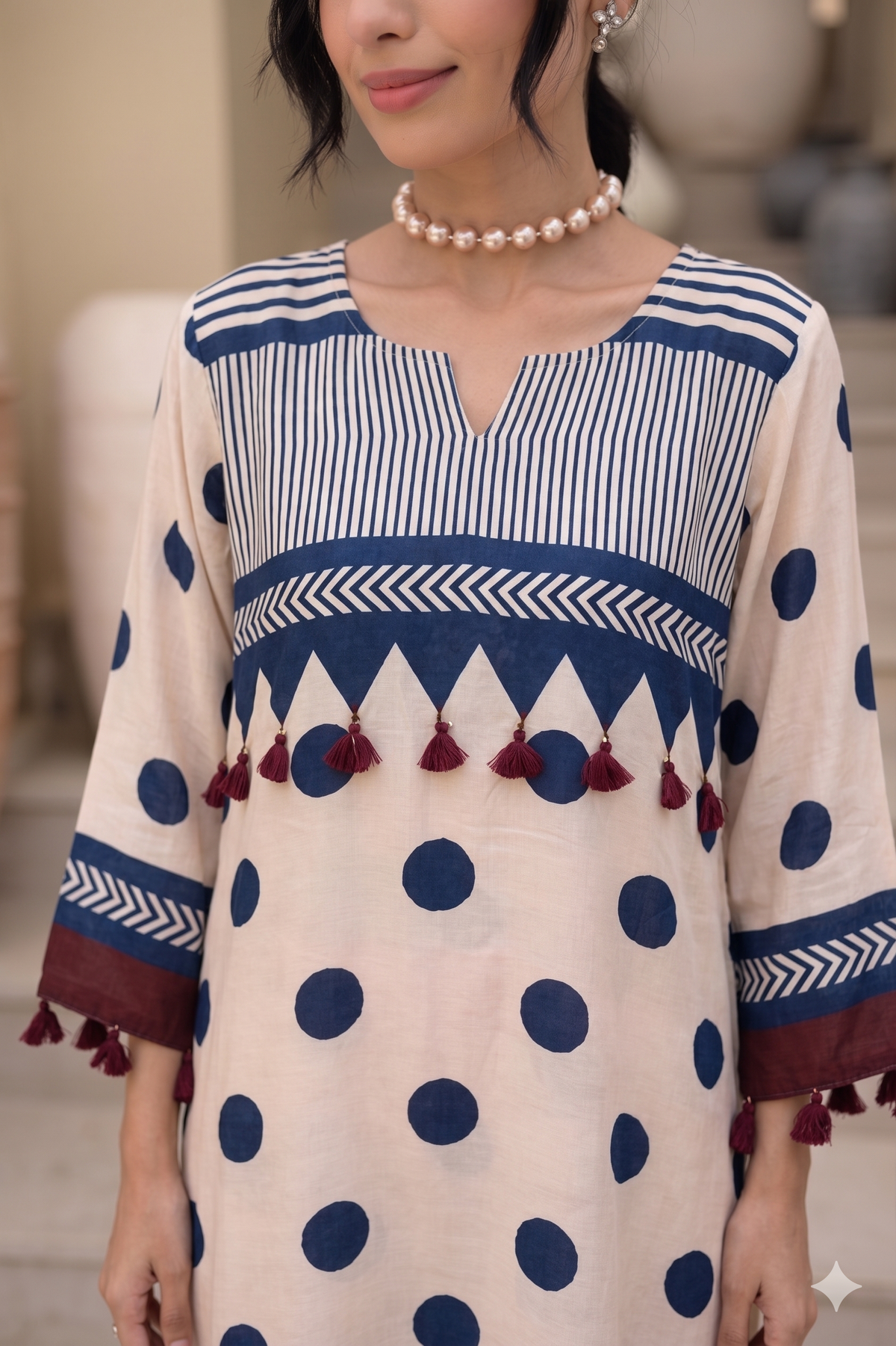 Beige and Indigo Polka Muslin Tassel Kurta Set