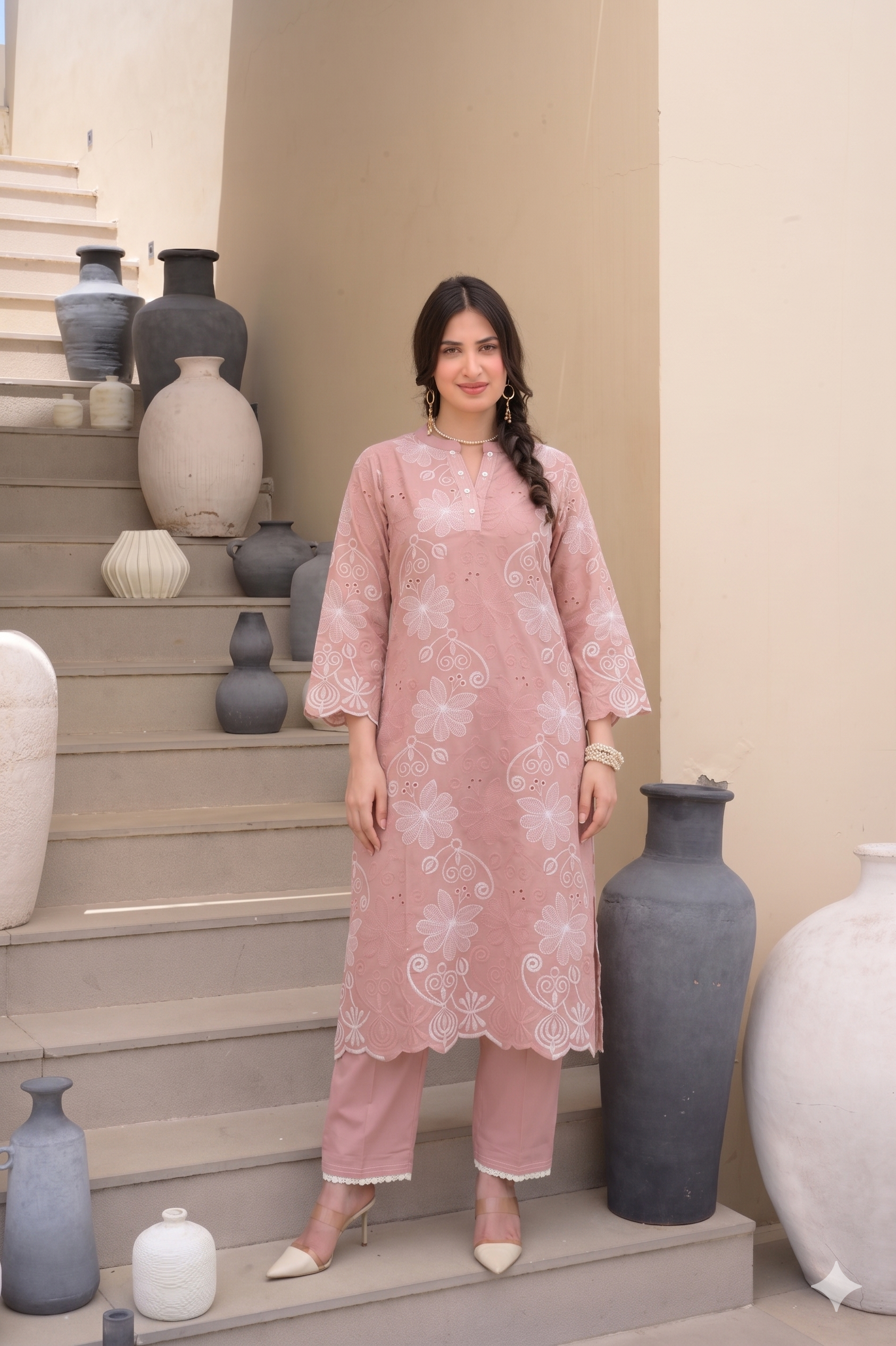 Peach Floral Chiffli Pure Cotton Kurta Set with Scallope Border