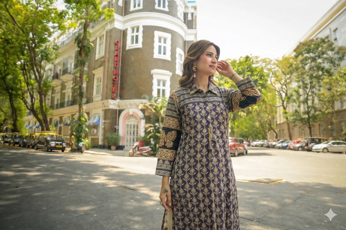 Purple and Blue Vayu Mul Chanderi Block Print Kurta Set