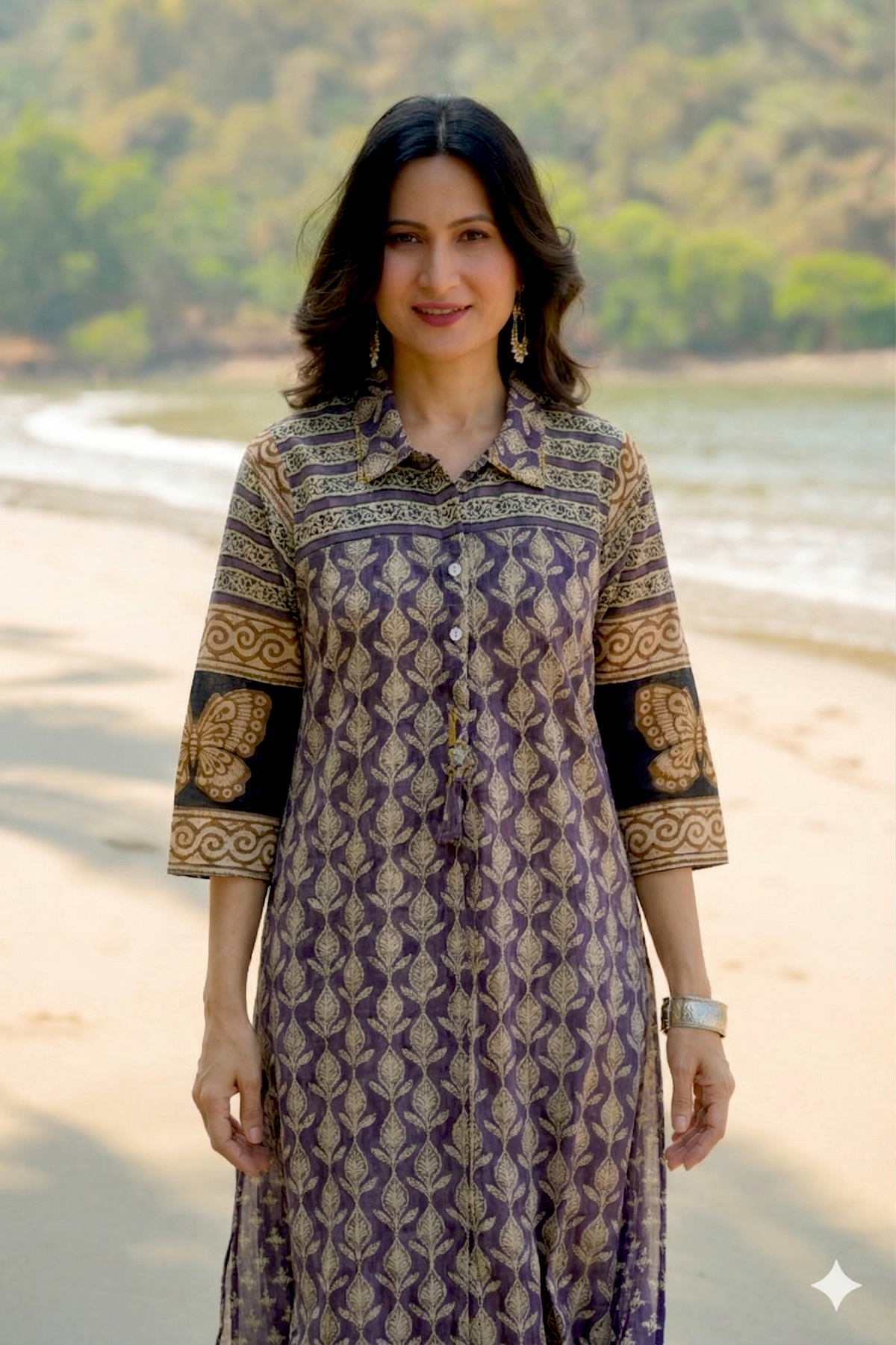 Purple and Blue Vayu Mul Chanderi Block Print Kurta Set