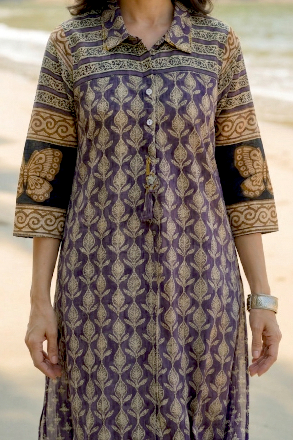 Purple and Blue Vayu Mul Chanderi Block Print Kurta Set