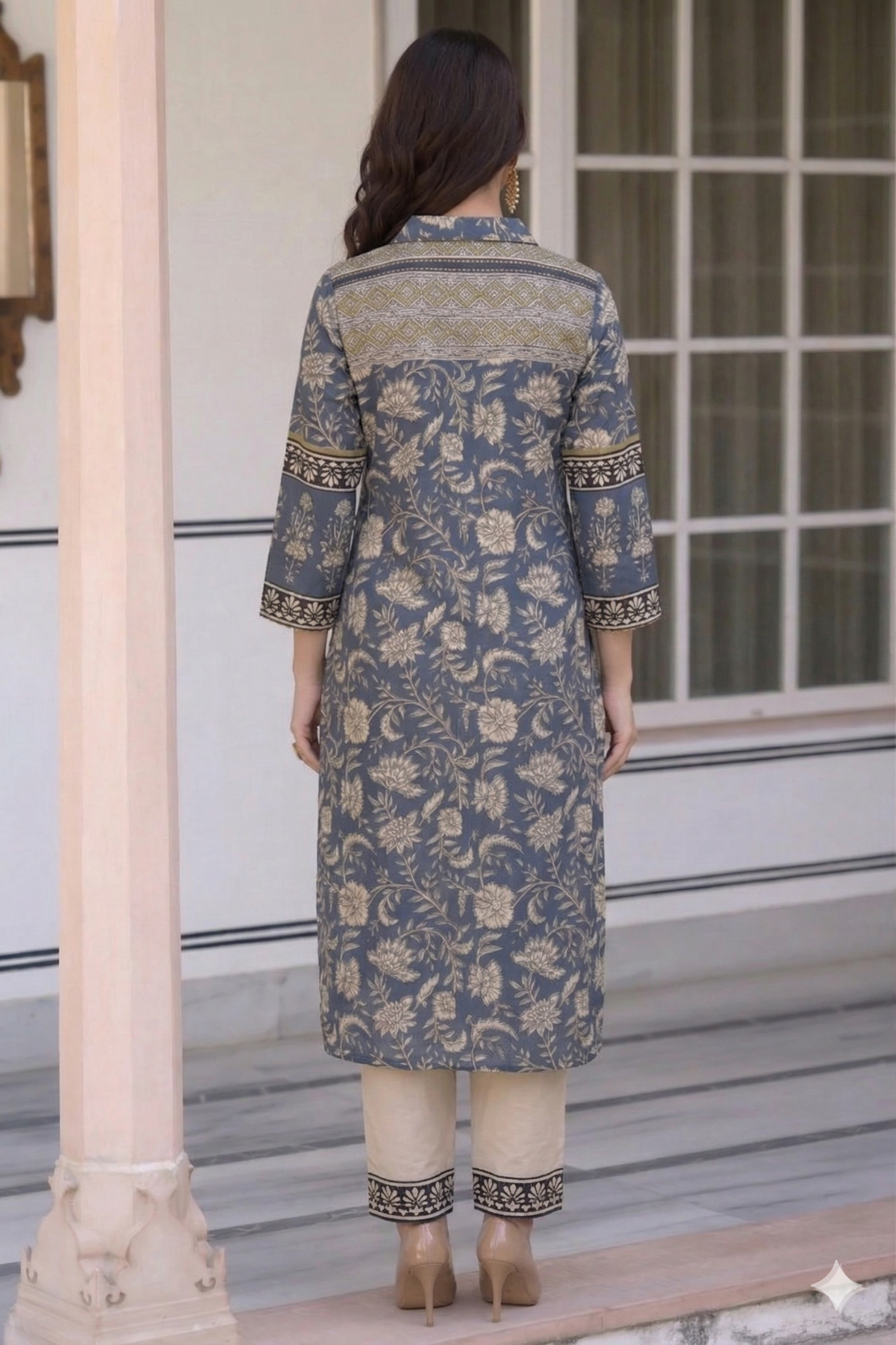 Blue and Yellow Basant Mul Chanderi Block Print Kurta Set