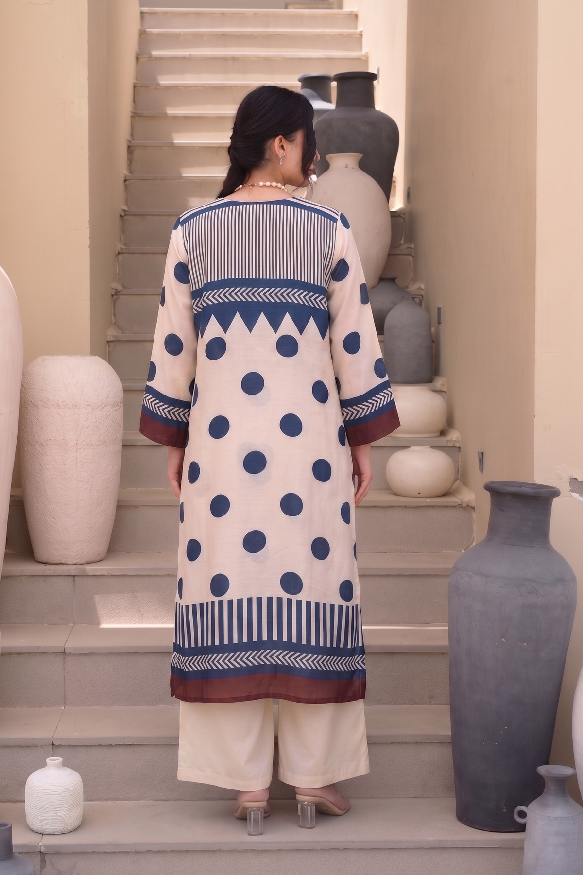 Beige and Indigo Polka Muslin Tassel Kurta Set