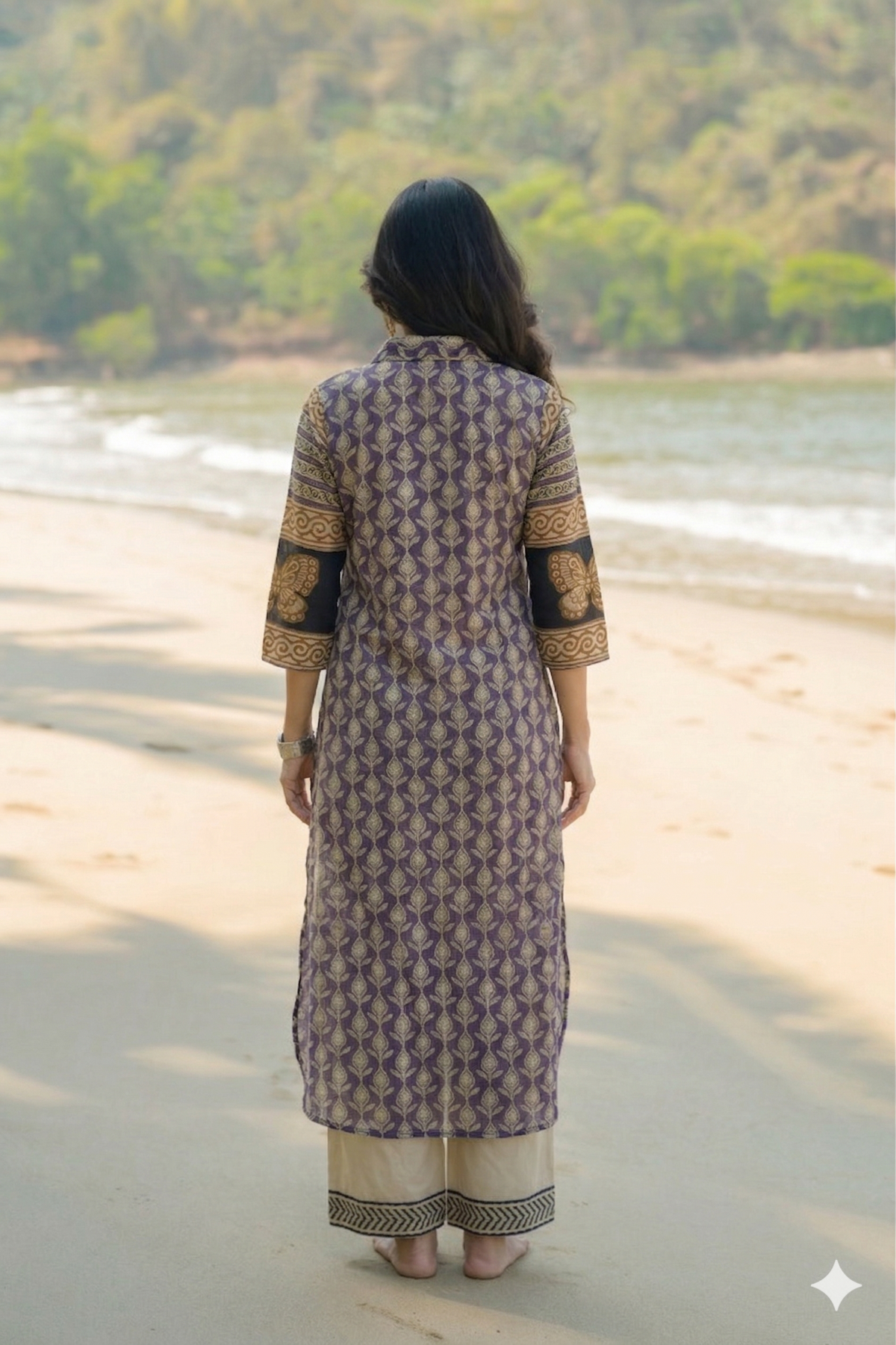 Purple and Blue Vayu Mul Chanderi Block Print Kurta Set