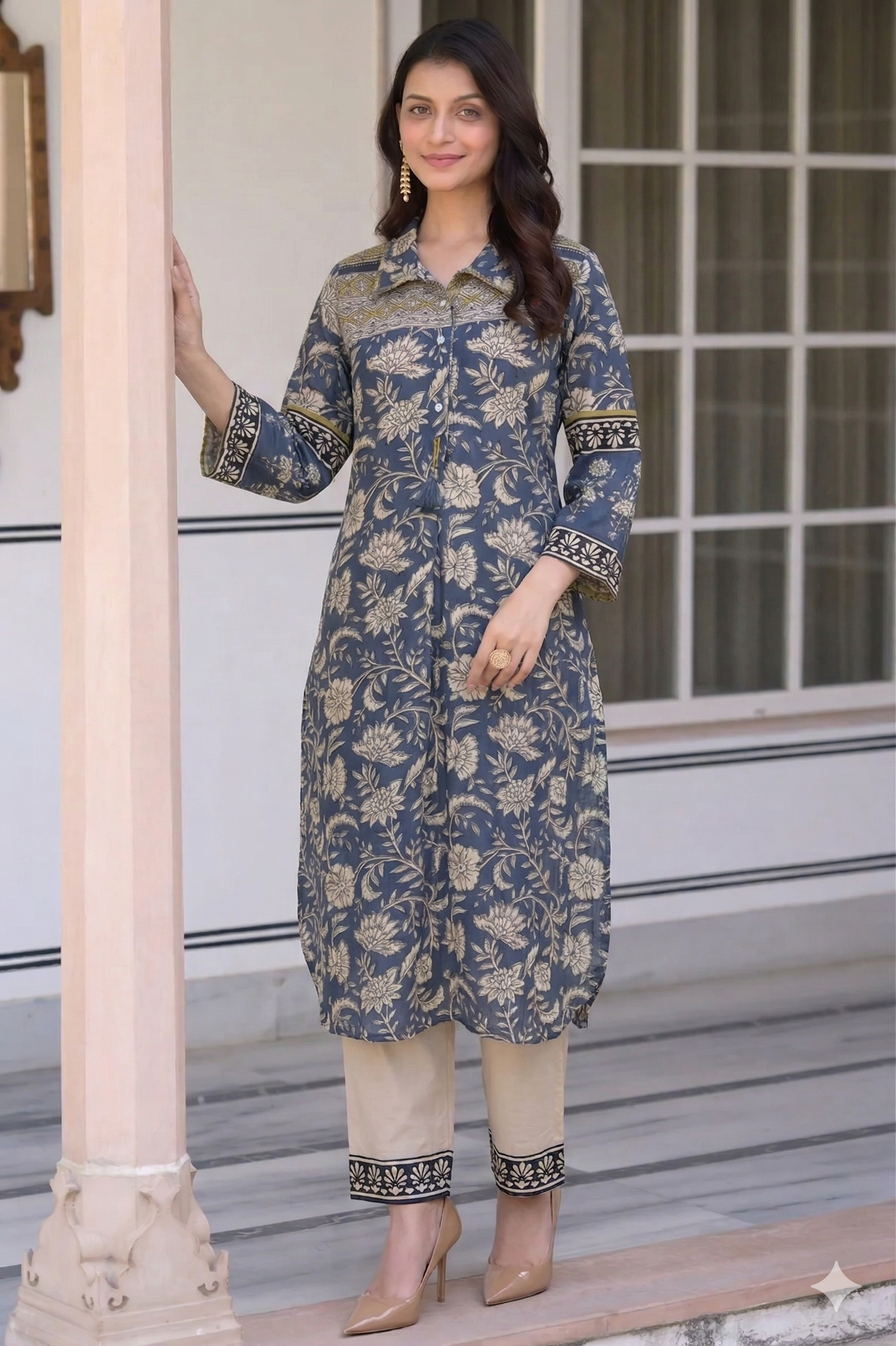 Blue and Yellow Basant Mul Chanderi Block Print Kurta Set