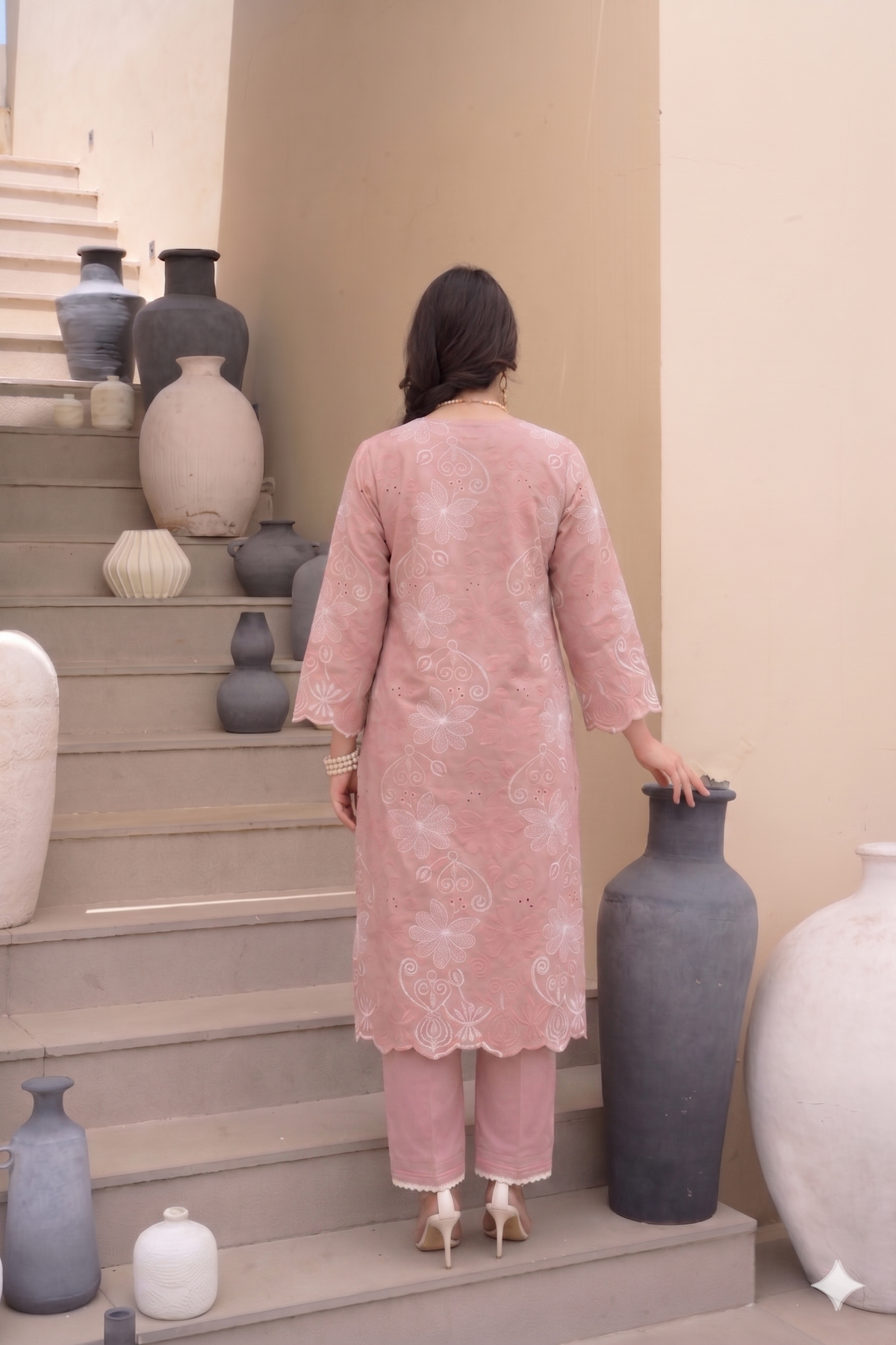Peach Floral Chiffli Pure Cotton Kurta Set with Scallope Border