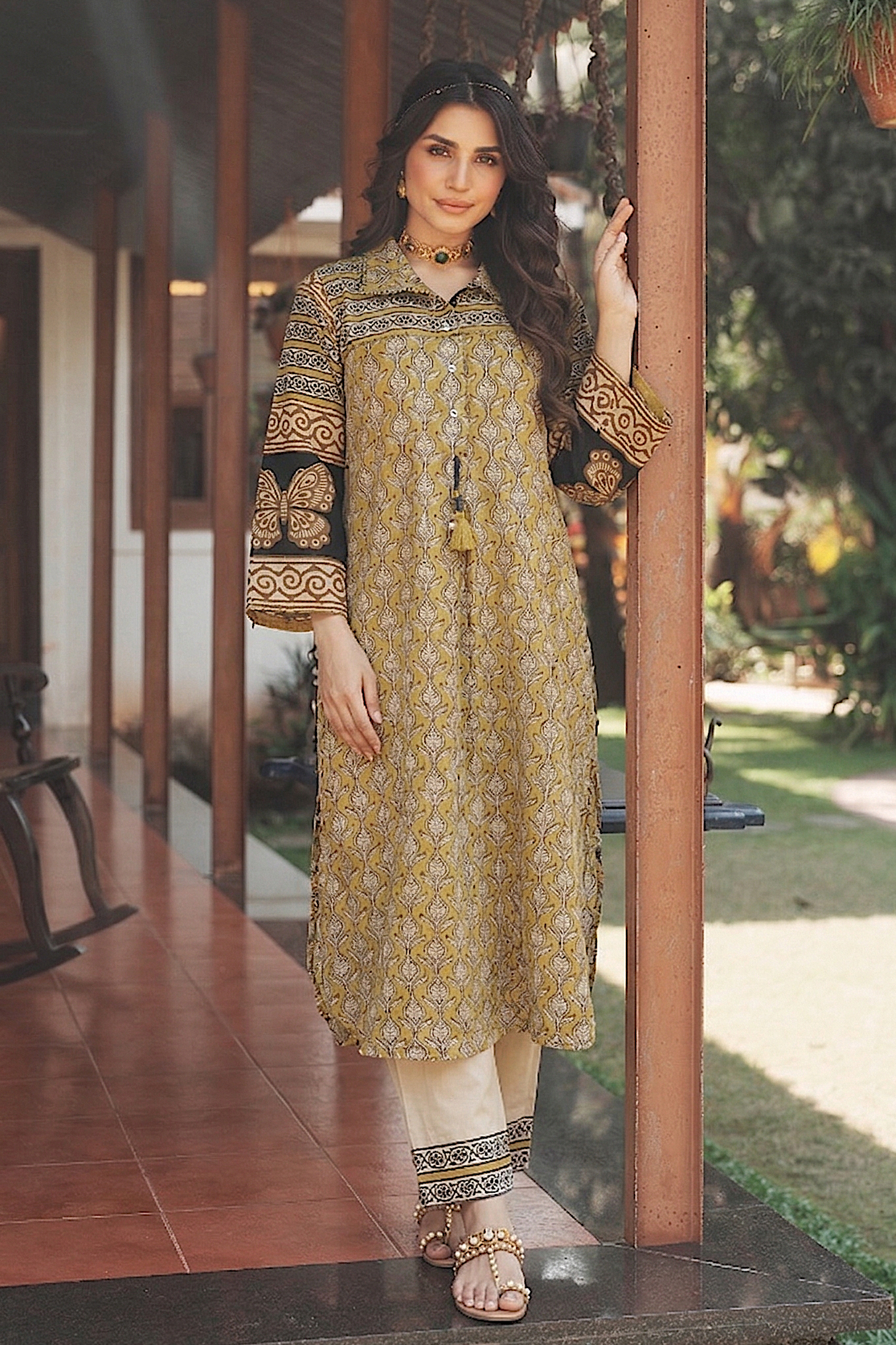Yellow and Dark Blue Vayu Mul Chanderi Block Print Kurta Set
