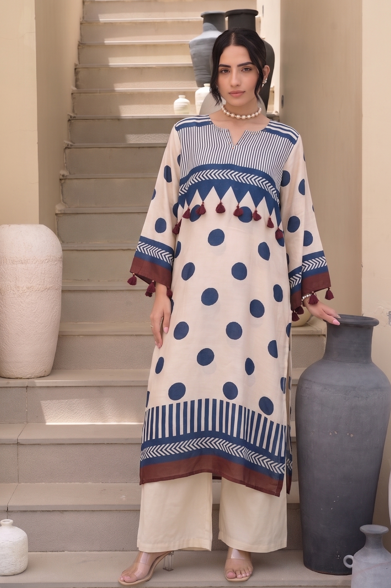 Beige and Indigo Polka Muslin Tassel Kurta Set