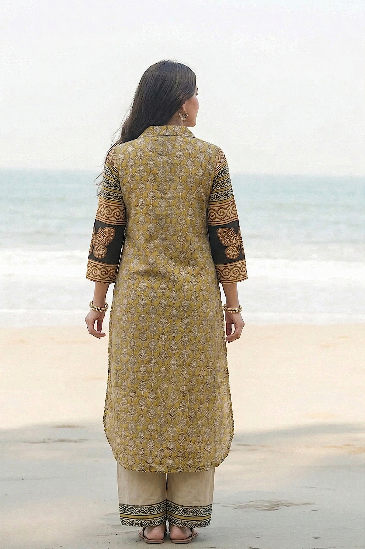 Yellow and Dark Blue Vayu Mul Chanderi Block Print Kurta Set