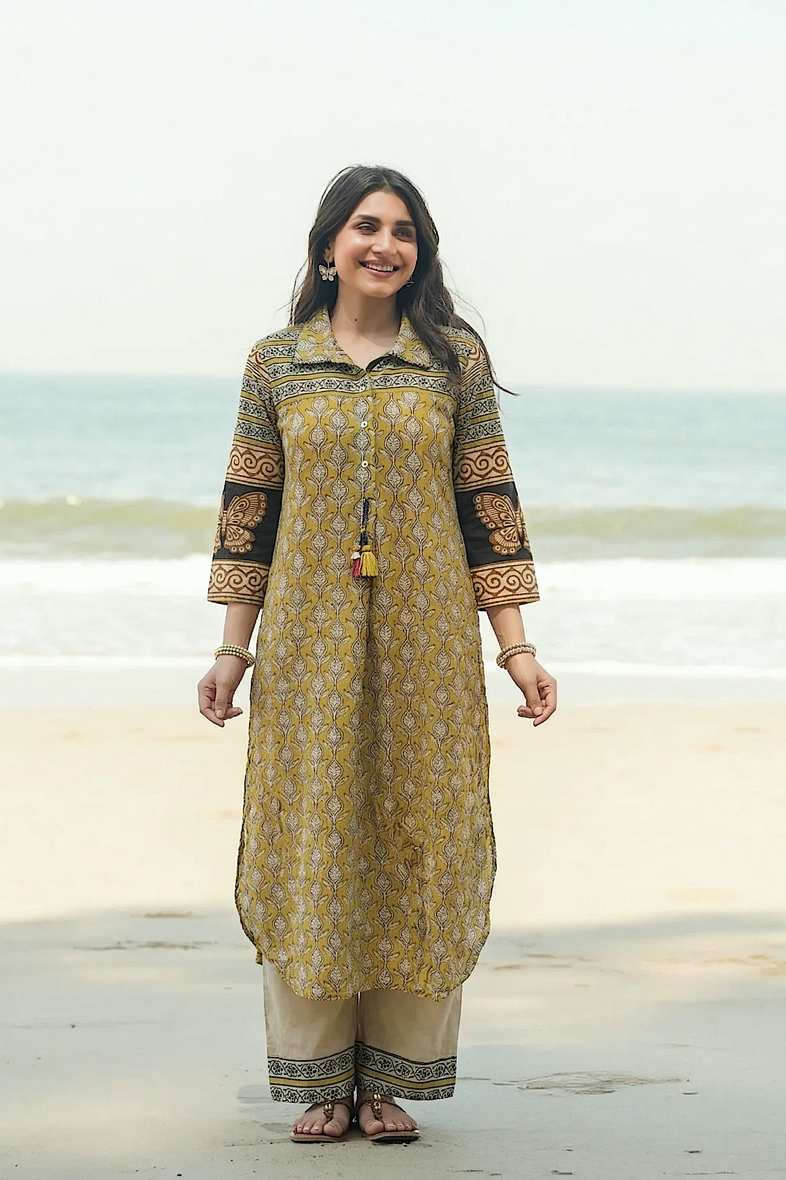 Yellow and Dark Blue Vayu Mul Chanderi Block Print Kurta Set